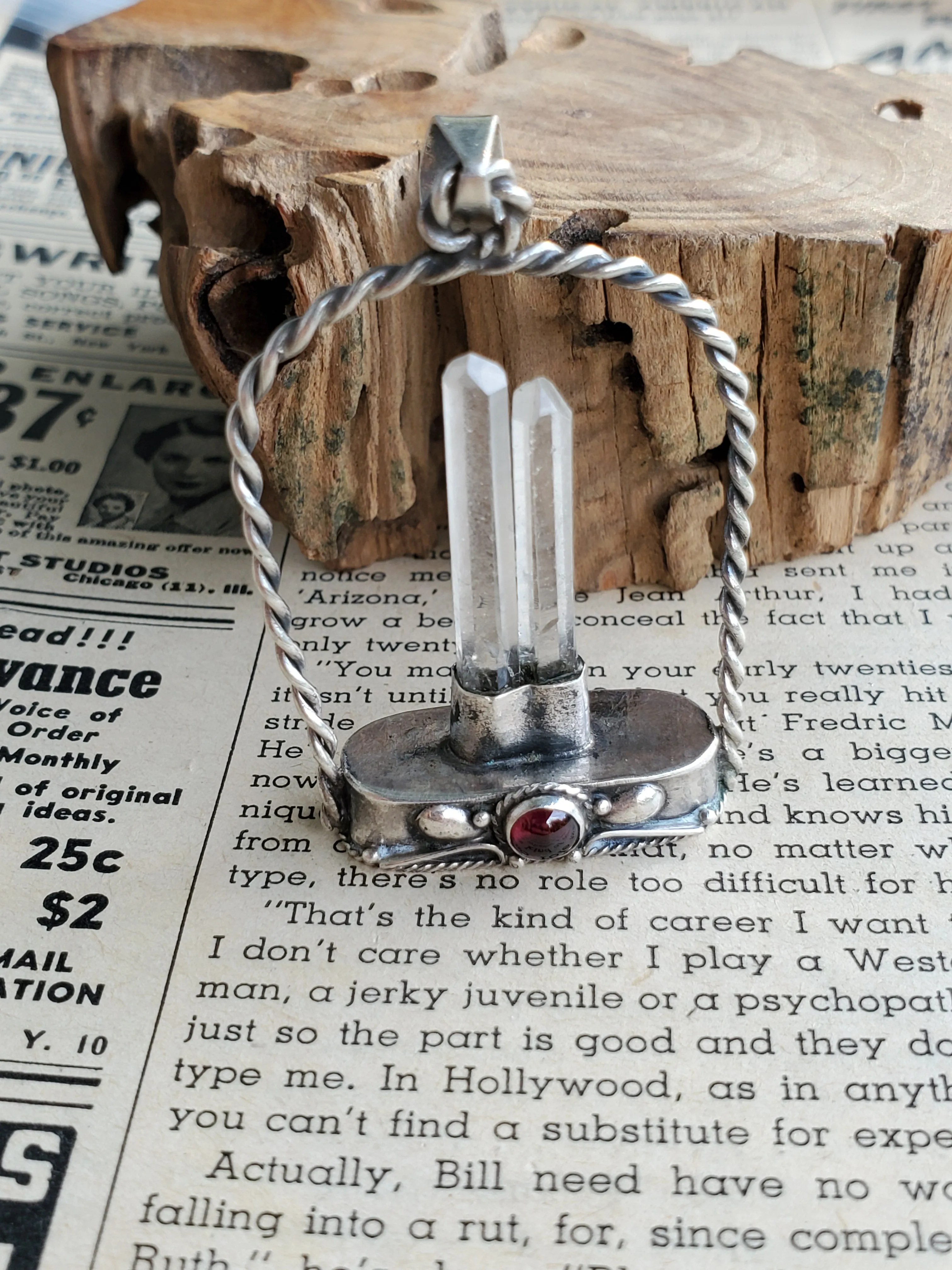 Twin terminated quartz point arch pendant sterling silver with pink tourmaline cab