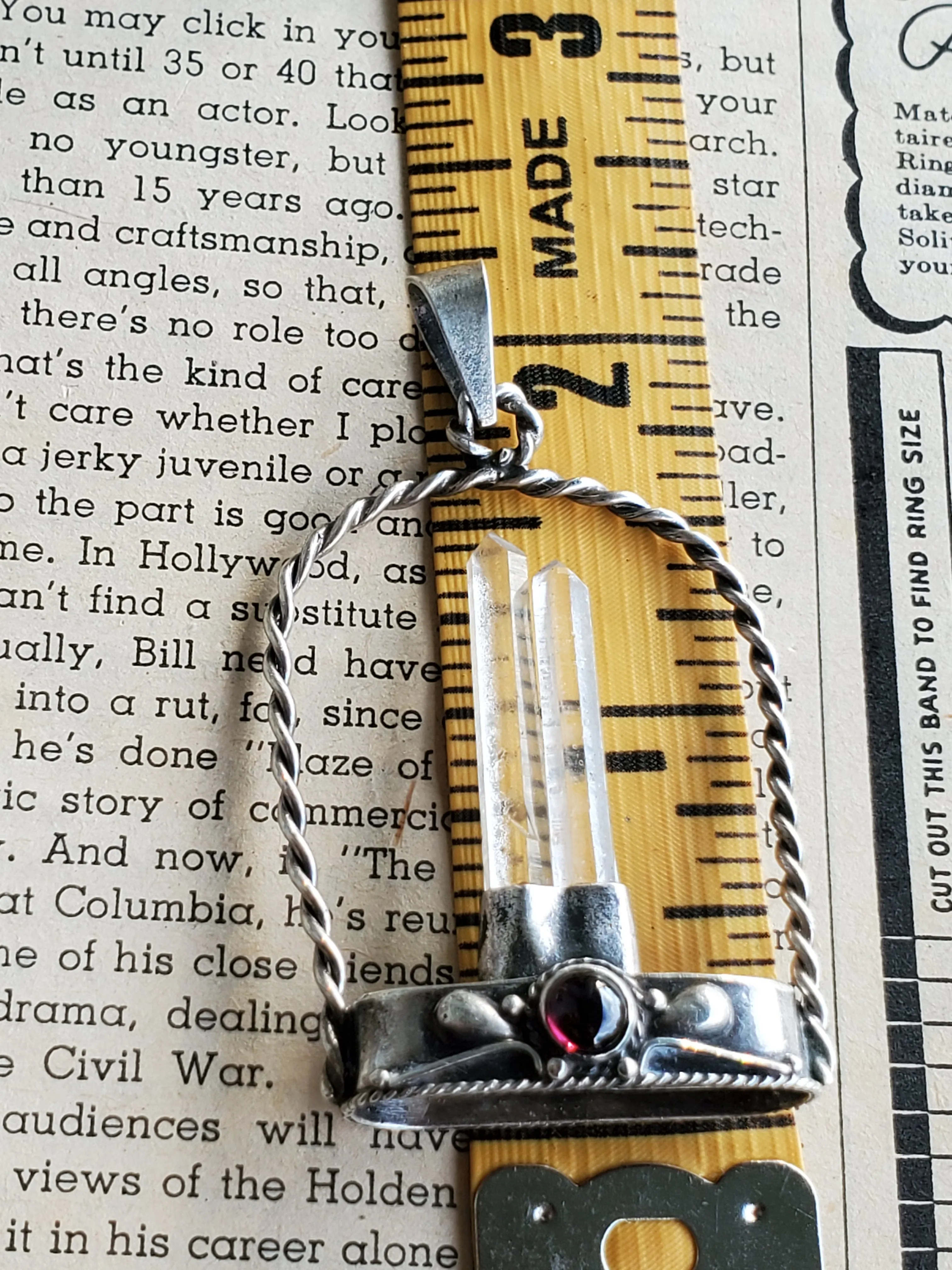 Twin terminated quartz point arch pendant sterling silver with pink tourmaline cab