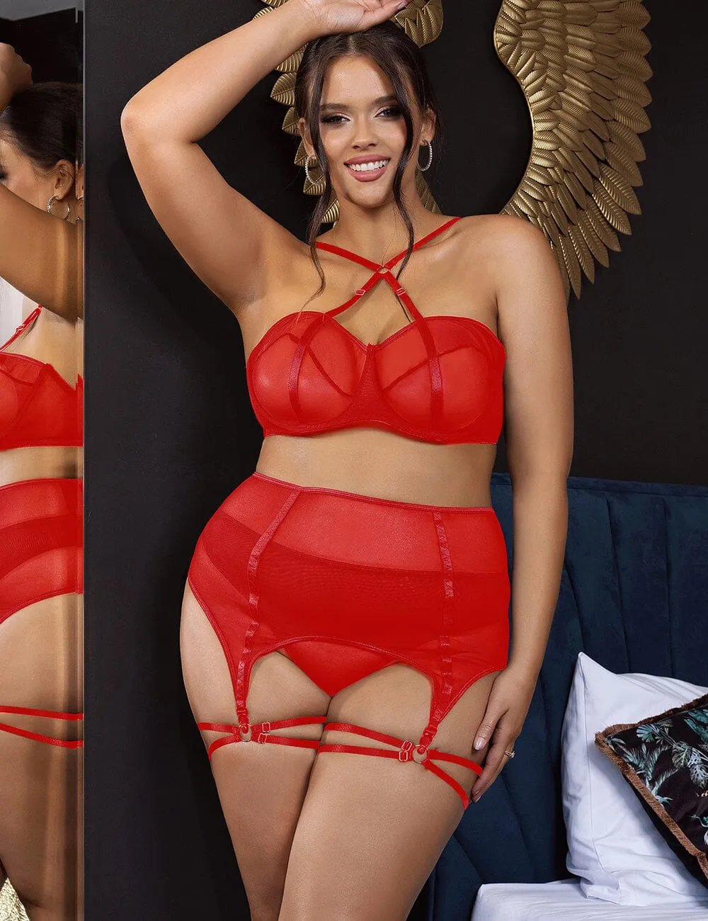 Two Piece Underwired Mesh Set with Corseted Back & Leg Straps - Black & Red, Sizes 8/10 to 20/22