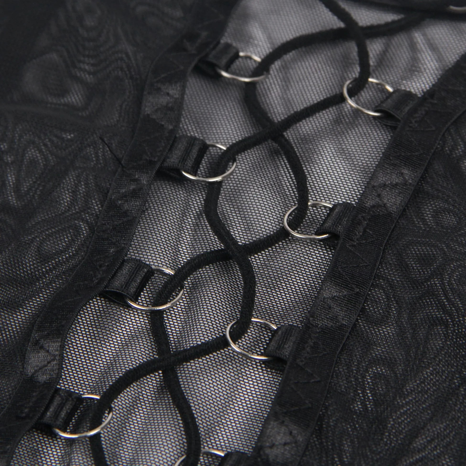 Two Piece Underwired Mesh Set with Corseted Back & Leg Straps - Black & Red, Sizes 8/10 to 20/22