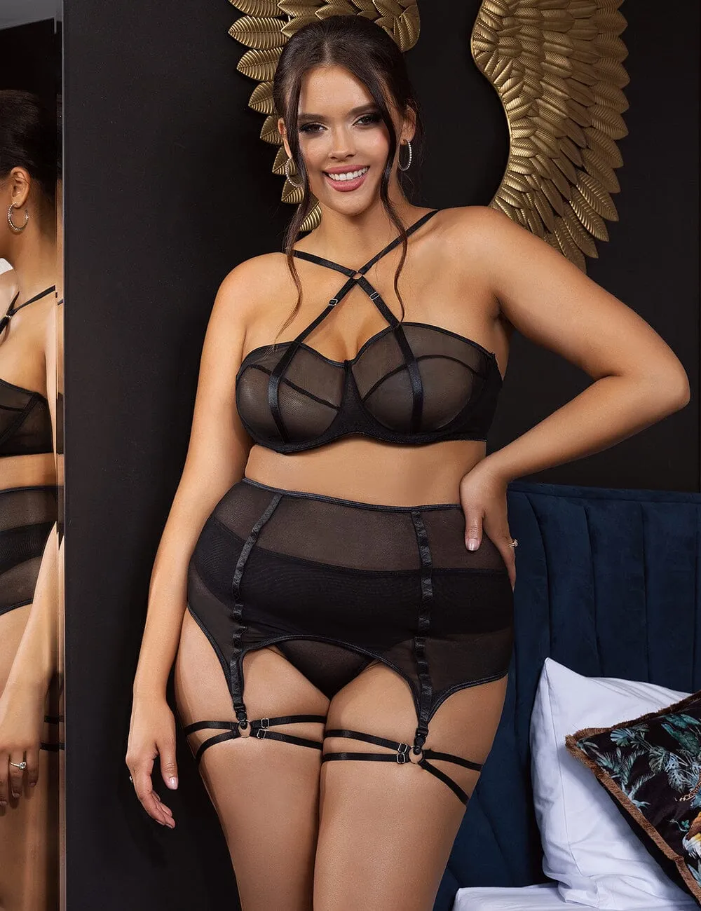 Two Piece Underwired Mesh Set with Corseted Back & Leg Straps - Black & Red, Sizes 8/10 to 20/22