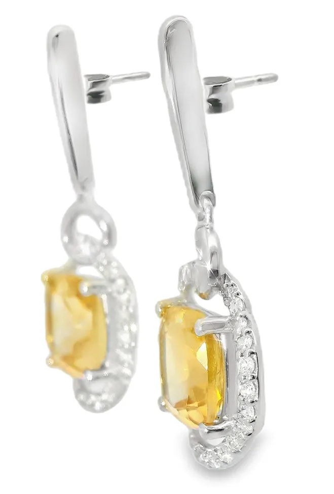 Unique 18K White Gold Diamond Citrine Hanging Earrings