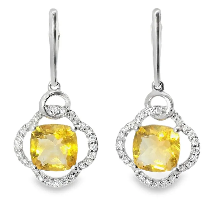 Unique 18K White Gold Diamond Citrine Hanging Earrings
