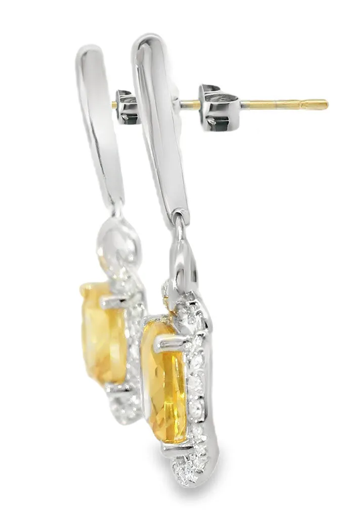 Unique 18K White Gold Diamond Citrine Hanging Earrings