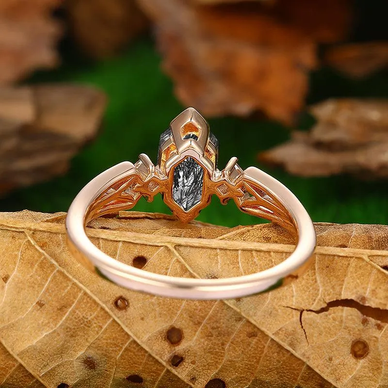 Unique Natural Black Rutilated Quartz Diamond  Half Eternity Promise In Sliver Ring