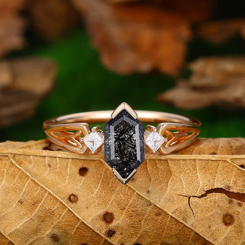 Unique Natural Black Rutilated Quartz Diamond  Half Eternity Promise In Sliver Ring