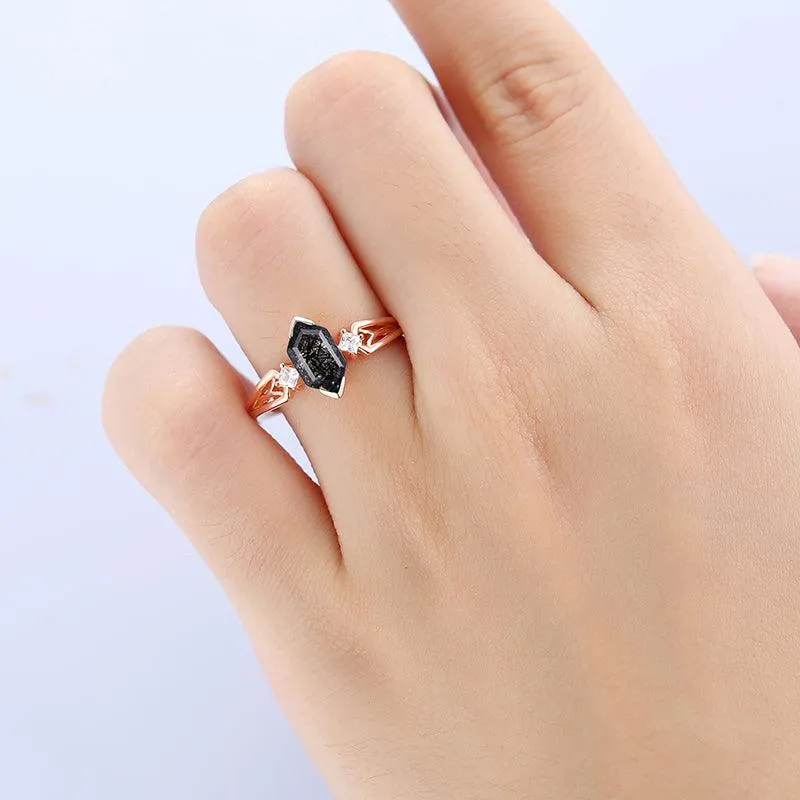 Unique Natural Black Rutilated Quartz Diamond  Half Eternity Promise In Sliver Ring