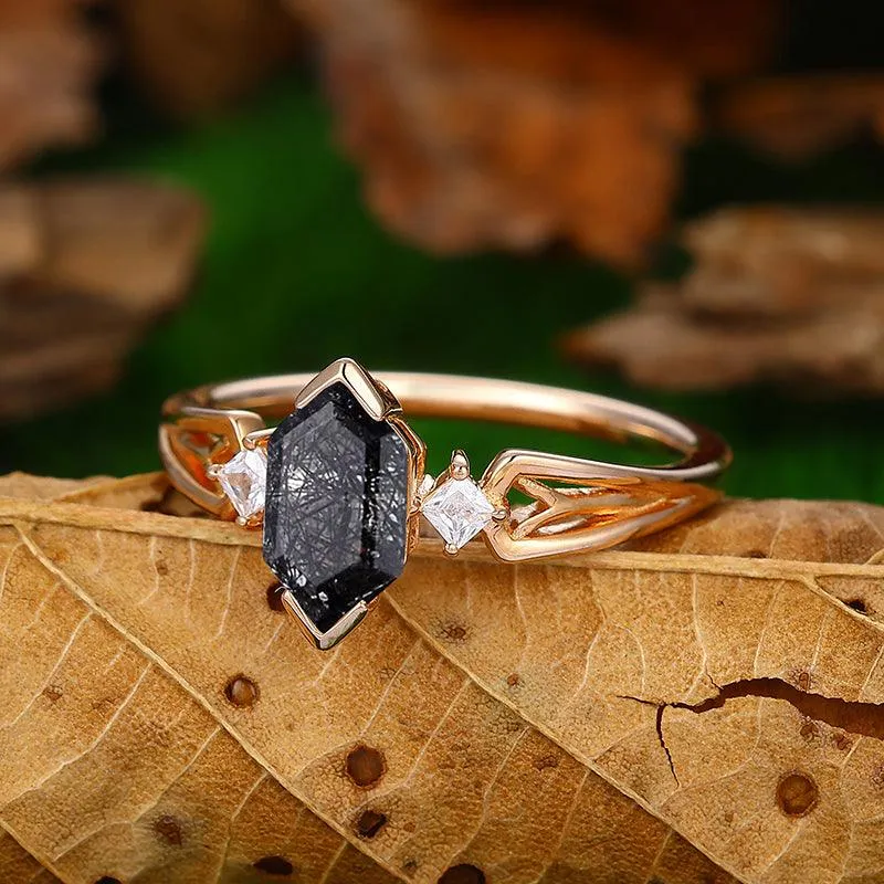 Unique Natural Black Rutilated Quartz Diamond  Half Eternity Promise In Sliver Ring