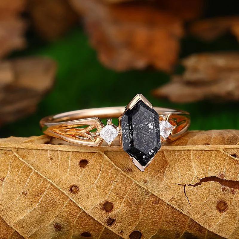 Unique Natural Black Rutilated Quartz Diamond  Half Eternity Promise In Sliver Ring