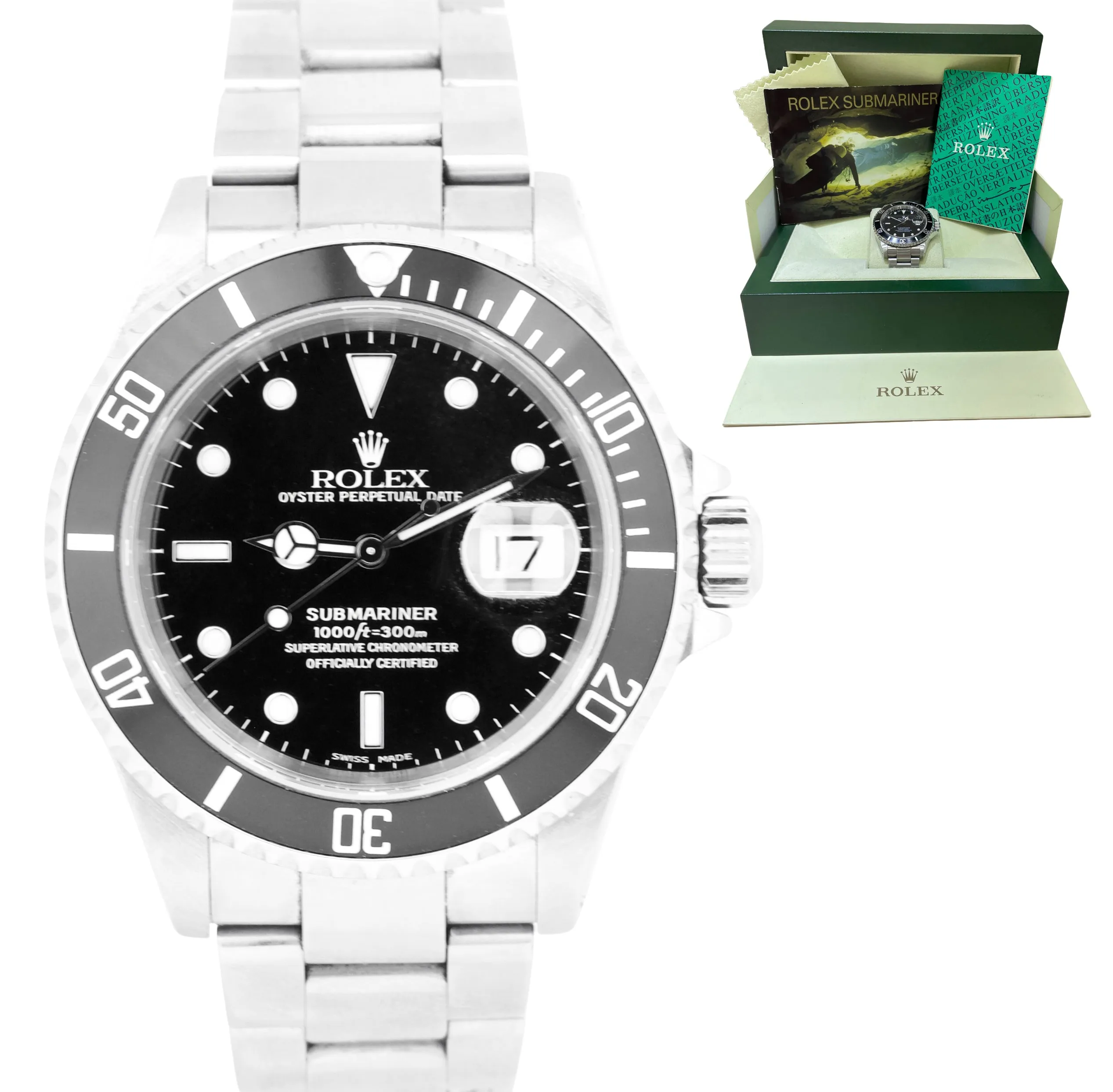 UNPOL. Rolex Submariner Date Stainless Steel 40mm Black Oyster Watch 16610 BOX