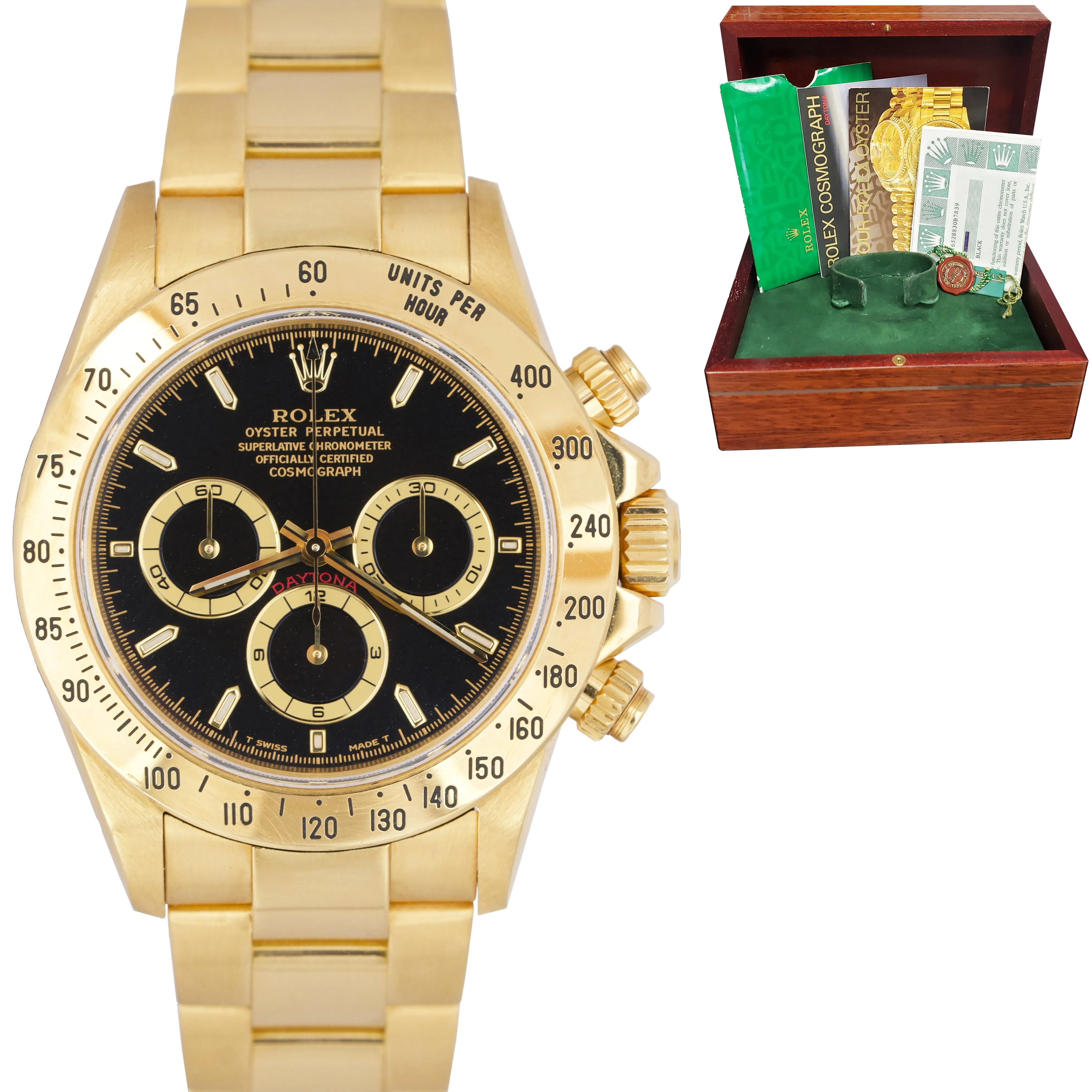 UNPOLISHED 1998 Rolex Daytona Cosmograph 40mm Black 18K Yellow Gold Watch 16528