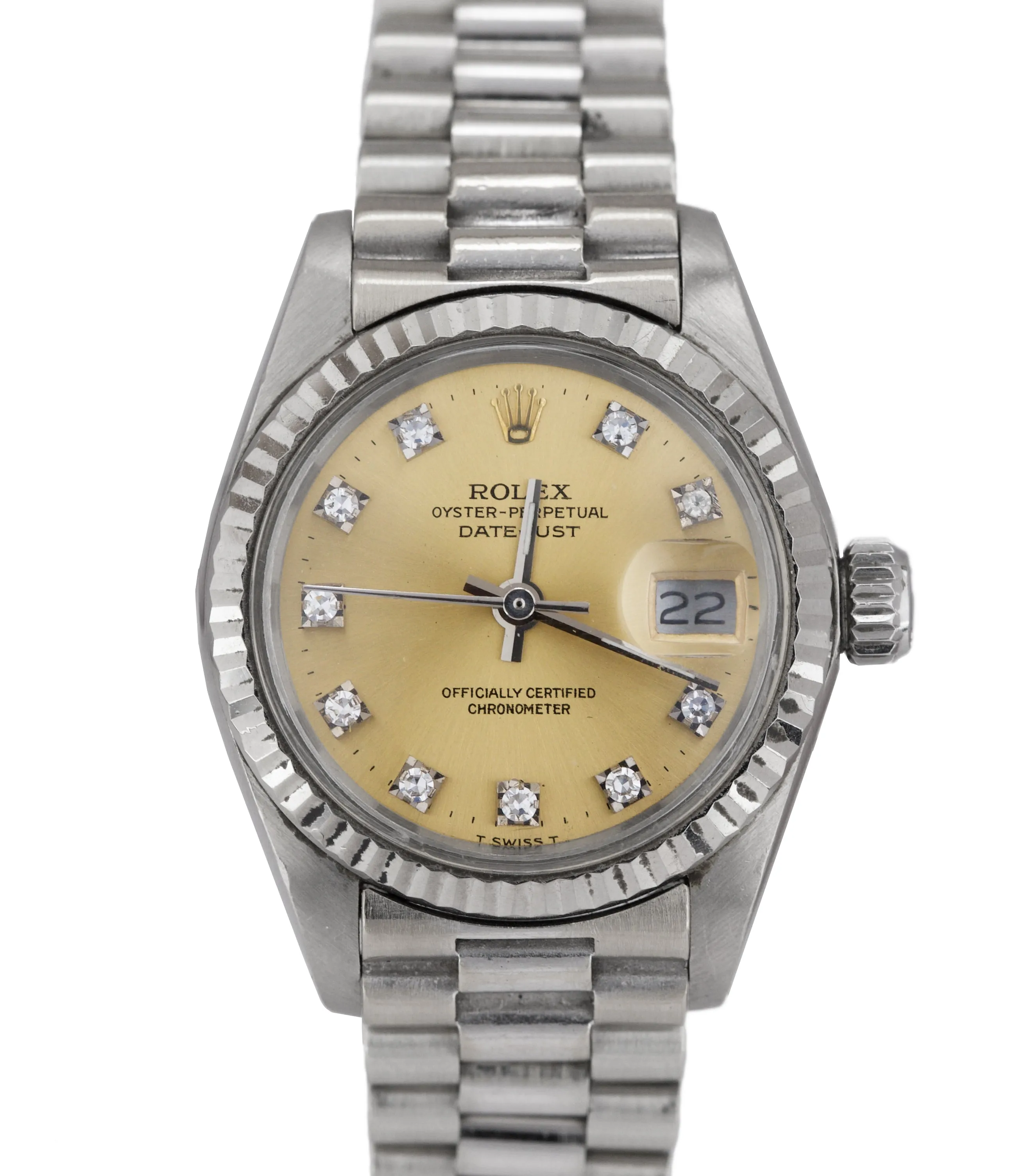UNPOLISHED Ladies Rolex DateJust President 18K White Gold 6917 DIAMOND PATINA