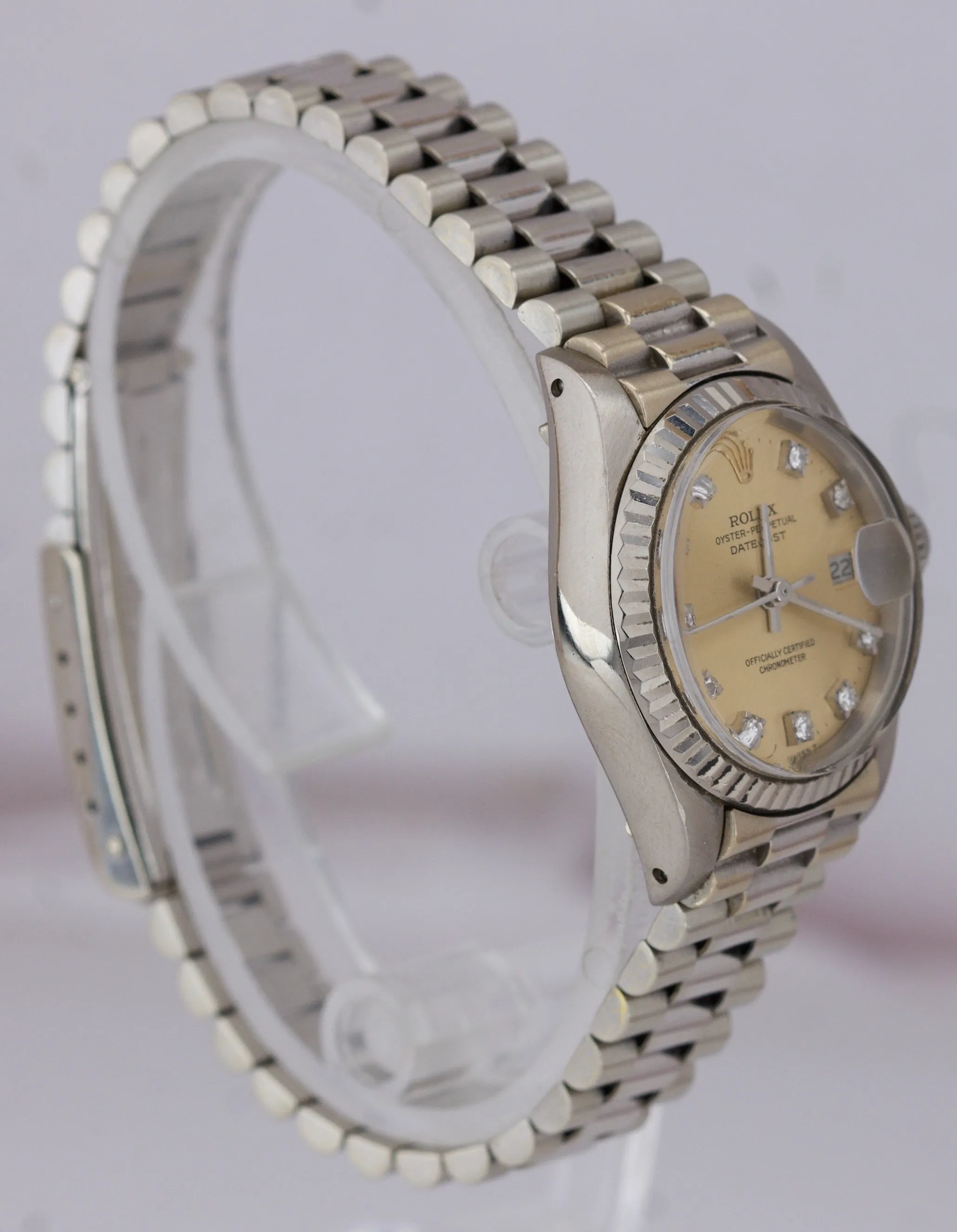 UNPOLISHED Ladies Rolex DateJust President 18K White Gold 6917 DIAMOND PATINA