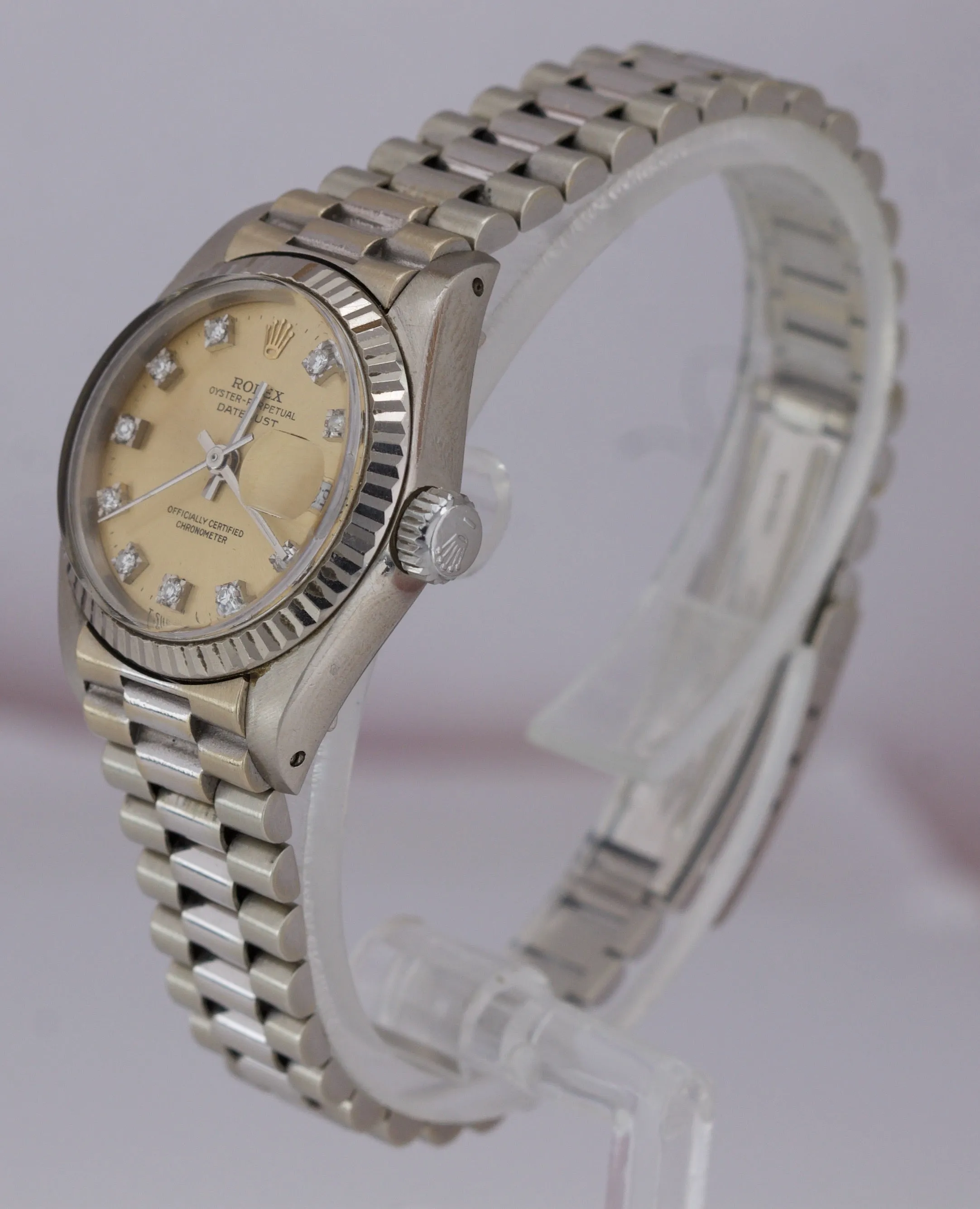 UNPOLISHED Ladies Rolex DateJust President 18K White Gold 6917 DIAMOND PATINA