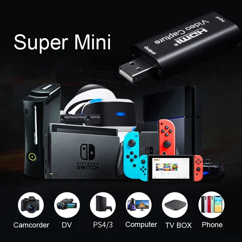 USB 2.0 HDMI Channel Metal Video Capture Card Live Recording Box Supports OBS black
