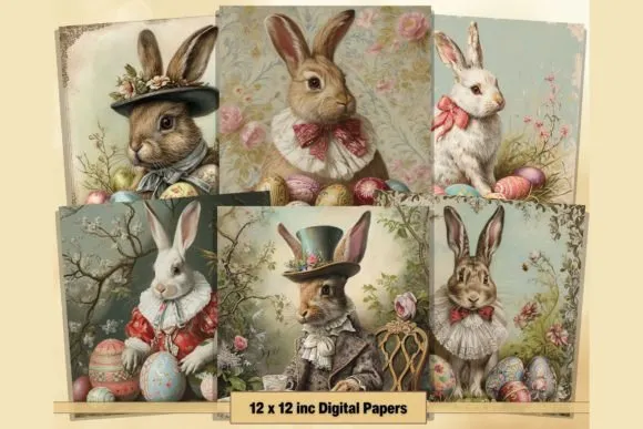 Victorian Easter Bunny Digital Papers, Printable Happy Easter Pages - Retro Vintage Whimsical Ephemera Collage Elements for Junk Journals, Decoupage & Scrapbooking