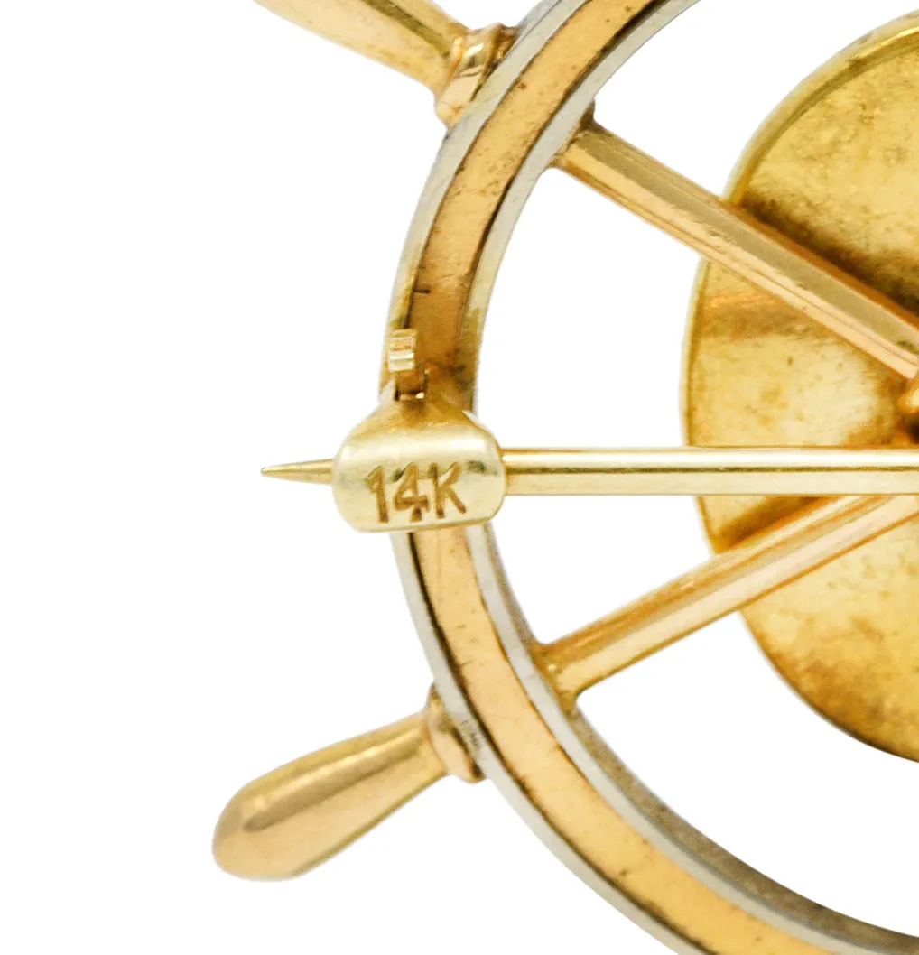 Victorian Reverse Carved Essex Rock Crystal Quartz Mother-Of-Pearl 14 Karat Two-Tone Gold Sailboat Brooch Pin