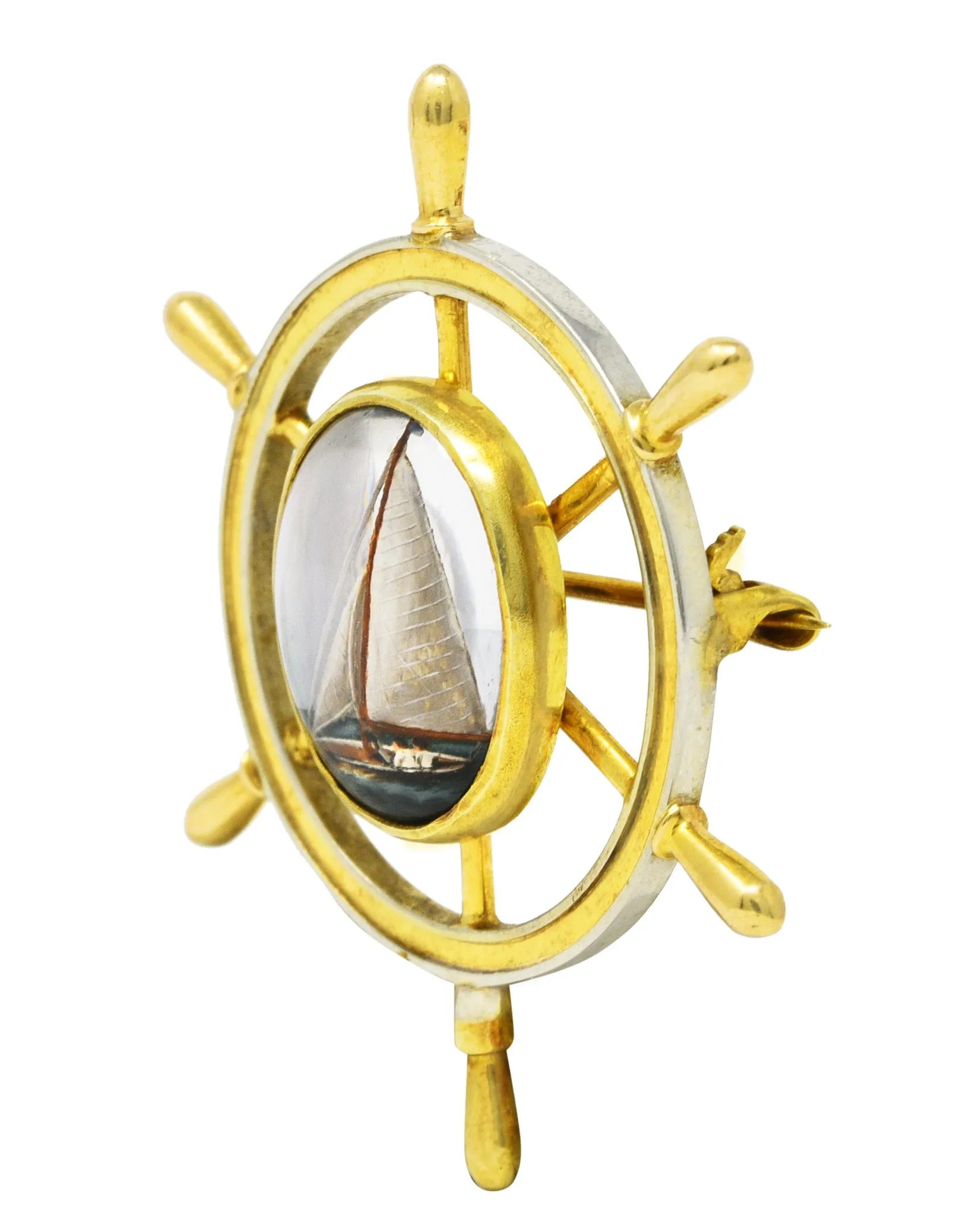 Victorian Reverse Carved Essex Rock Crystal Quartz Mother-Of-Pearl 14 Karat Two-Tone Gold Sailboat Brooch Pin