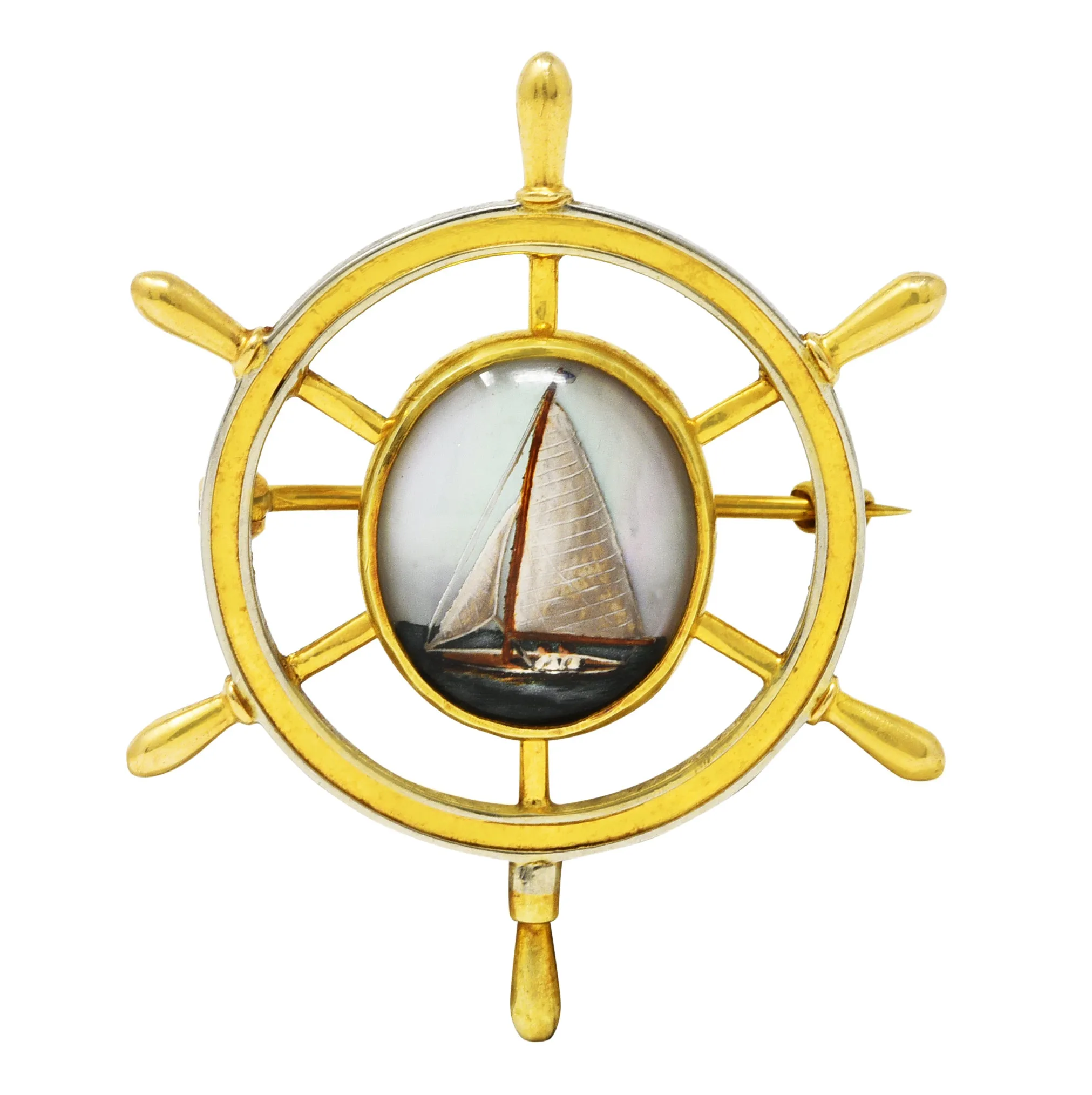 Victorian Reverse Carved Essex Rock Crystal Quartz Mother-Of-Pearl 14 Karat Two-Tone Gold Sailboat Brooch Pin