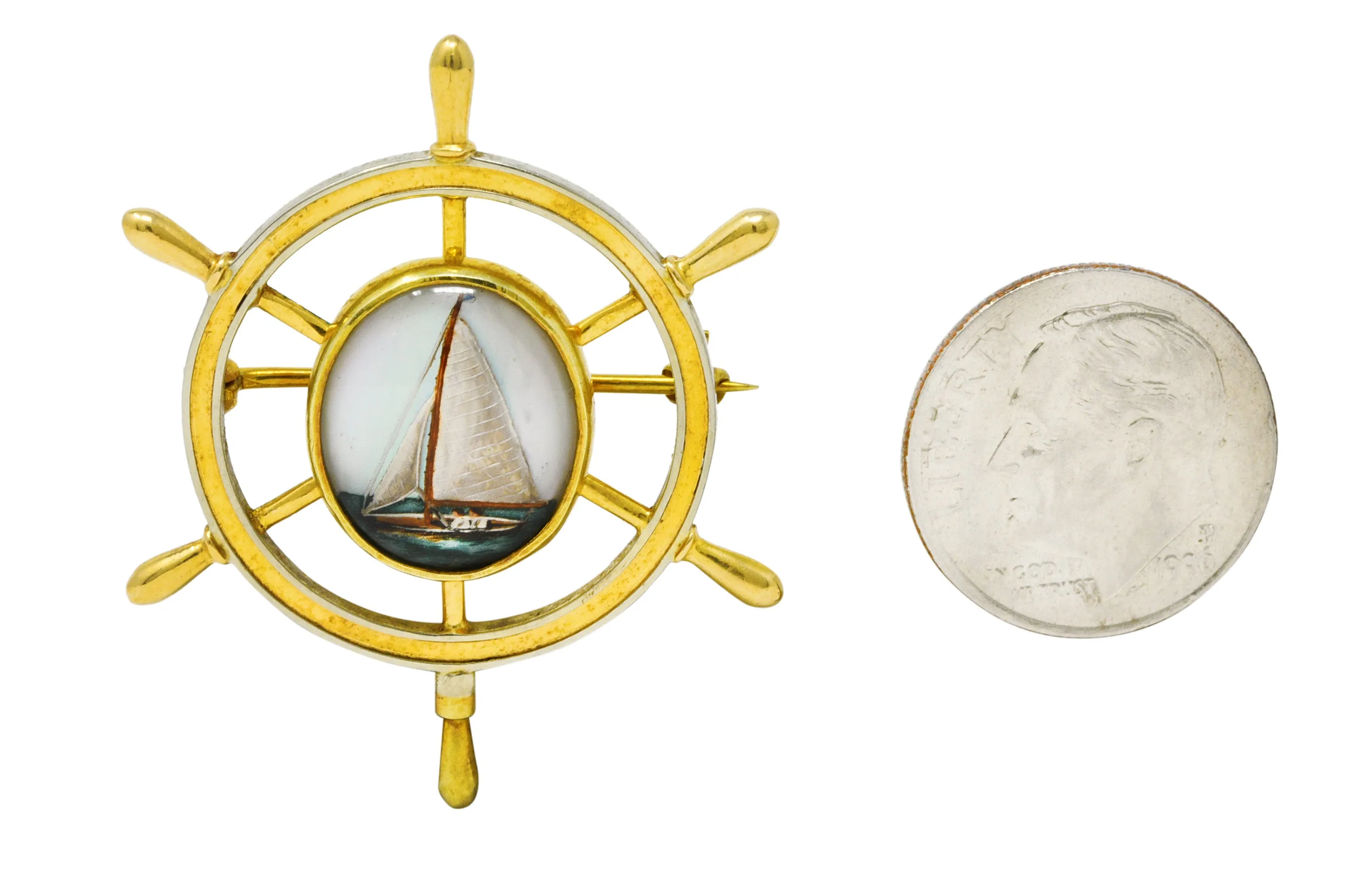 Victorian Reverse Carved Essex Rock Crystal Quartz Mother-Of-Pearl 14 Karat Two-Tone Gold Sailboat Brooch Pin