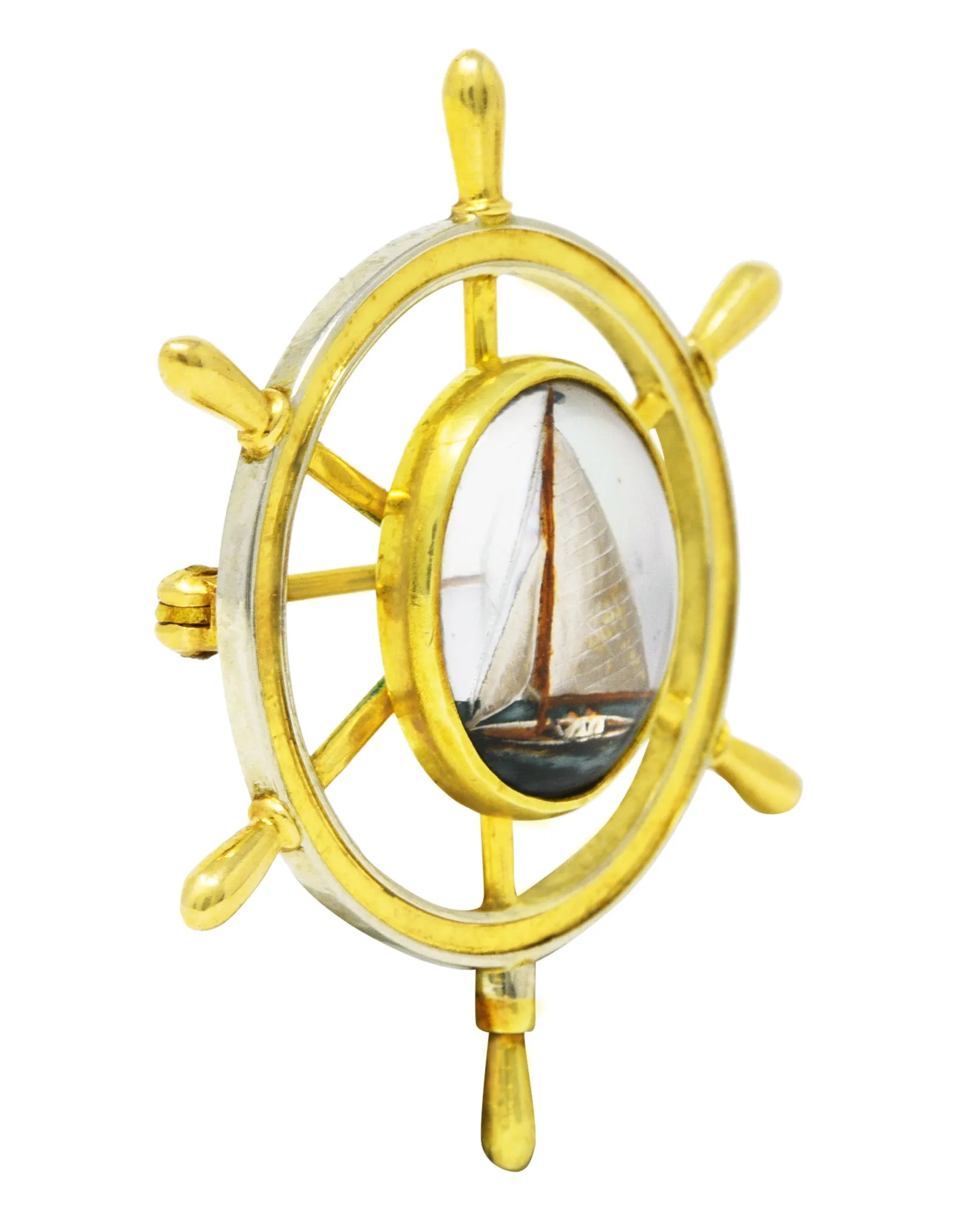 Victorian Reverse Carved Essex Rock Crystal Quartz Mother-Of-Pearl 14 Karat Two-Tone Gold Sailboat Brooch Pin