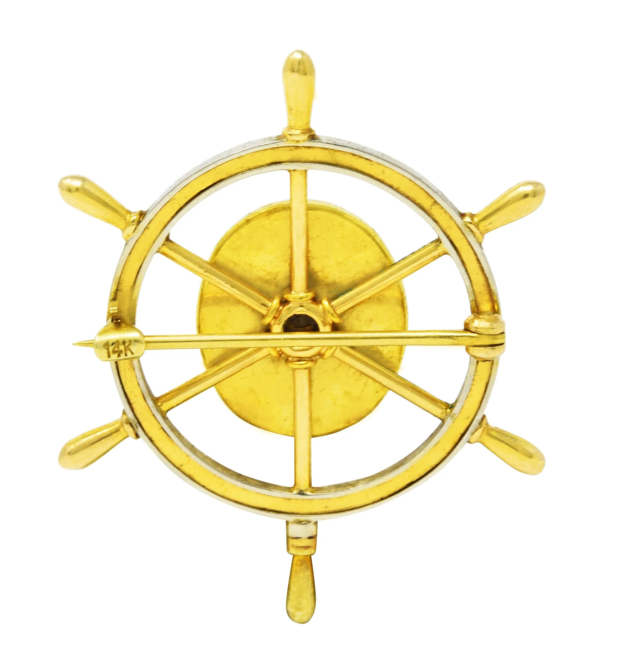 Victorian Reverse Carved Essex Rock Crystal Quartz Mother-Of-Pearl 14 Karat Two-Tone Gold Sailboat Brooch Pin