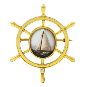 Victorian Reverse Carved Essex Rock Crystal Quartz Mother-Of-Pearl 14 Karat Two-Tone Gold Sailboat Brooch Pin