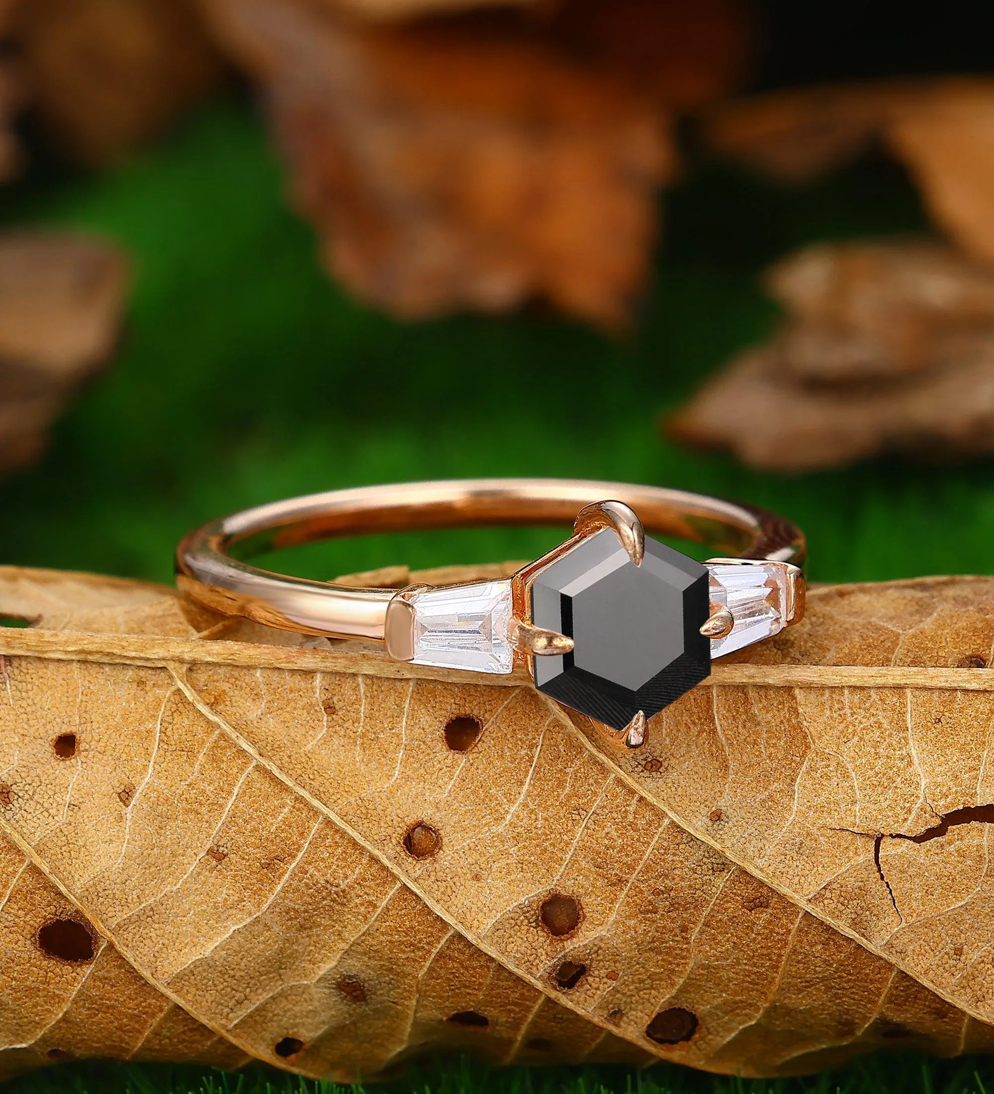 Vintage 14k Rose Gold Natural Black Onyx 3 Stones Engagement Ring