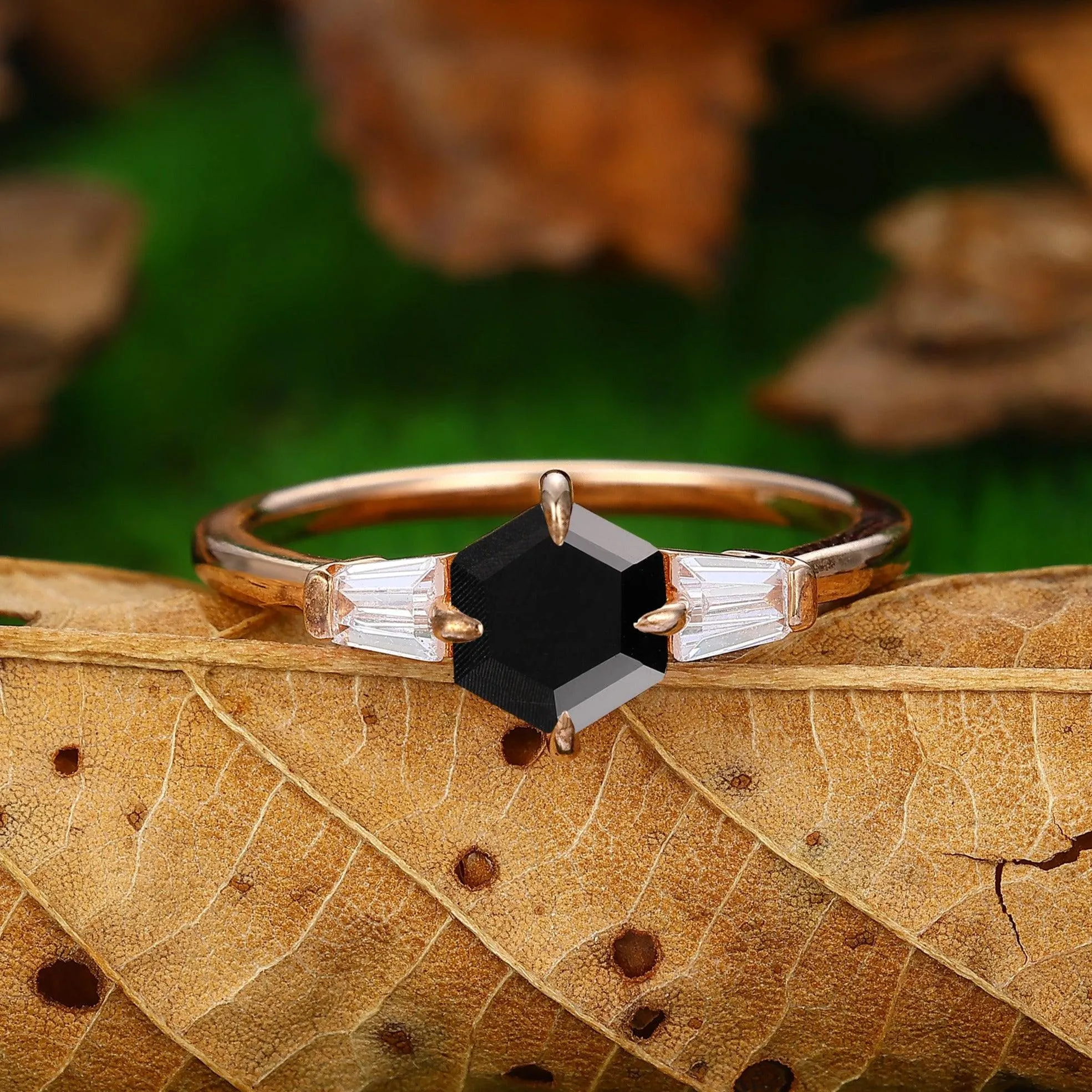 Vintage 14k Rose Gold Natural Black Onyx 3 Stones Engagement Ring