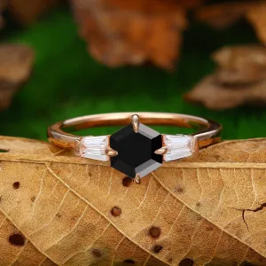 Vintage 14k Rose Gold Natural Black Onyx 3 Stones Engagement Ring