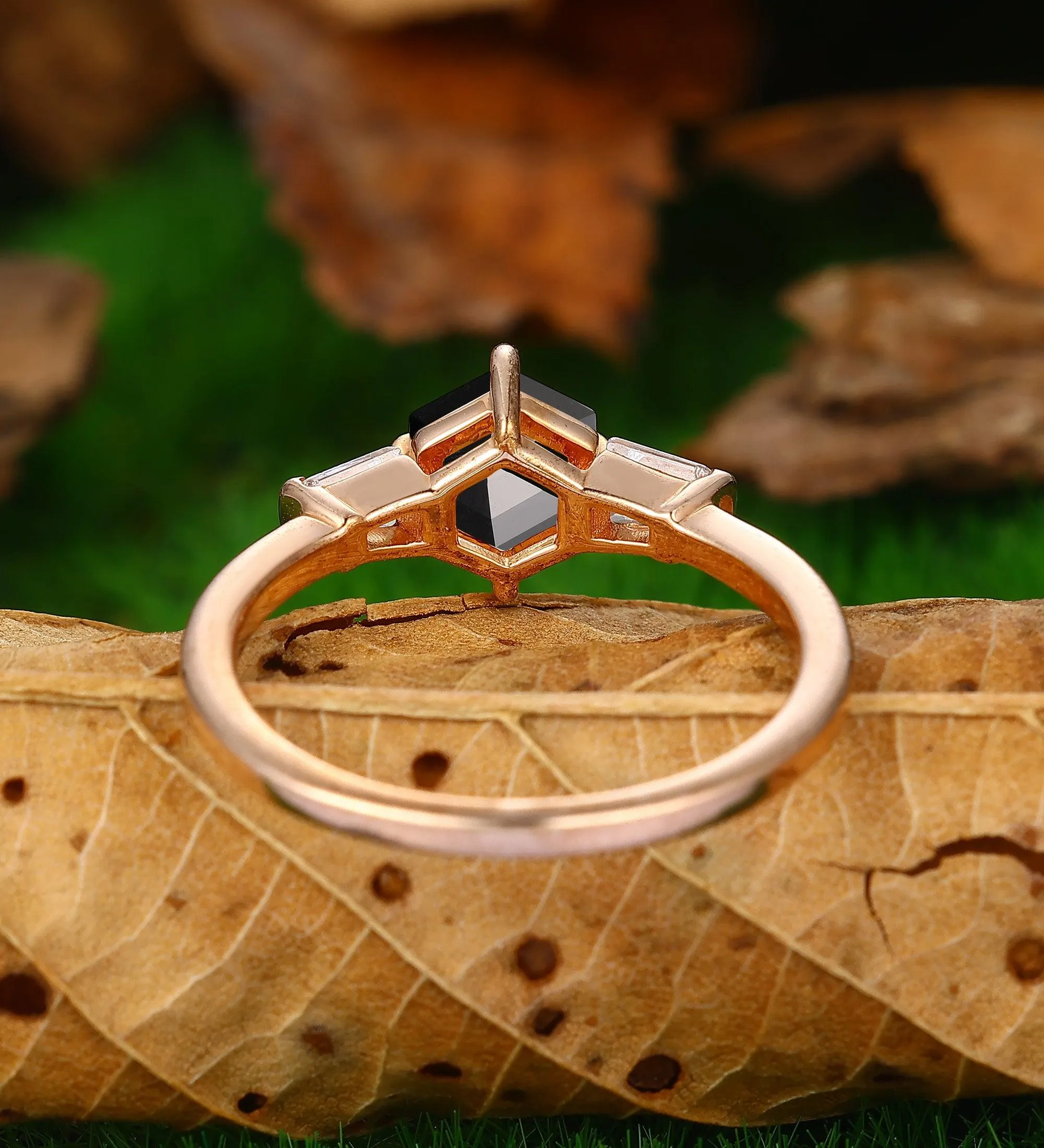 Vintage 14k Rose Gold Natural Black Onyx 3 Stones Engagement Ring