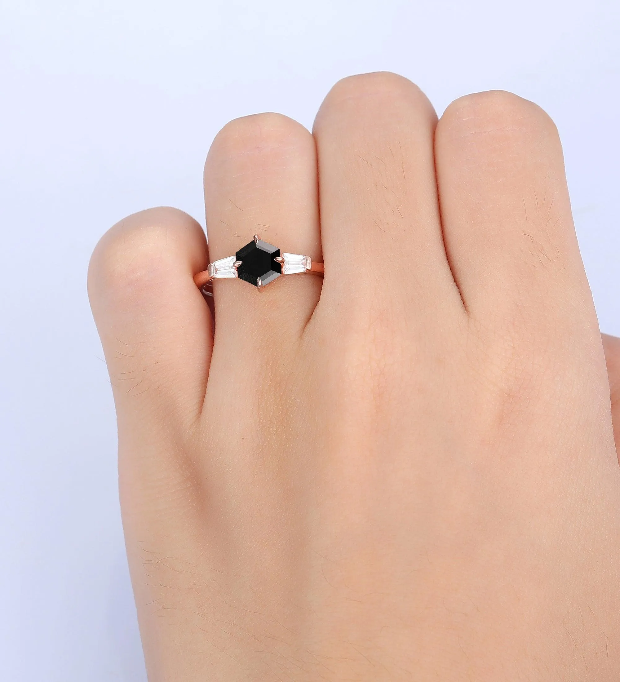 Vintage 14k Rose Gold Natural Black Onyx 3 Stones Engagement Ring