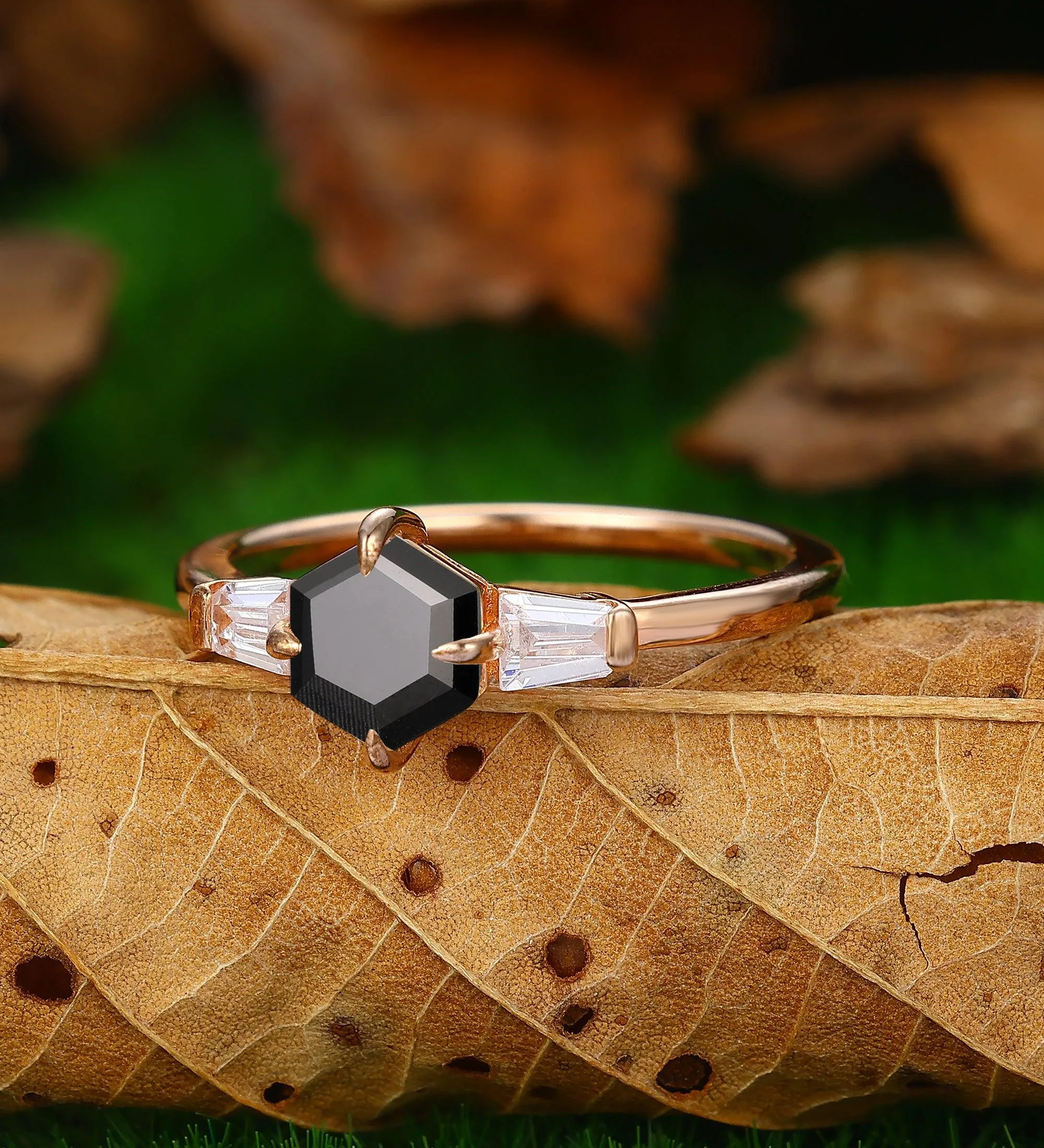 Vintage 14k Rose Gold Natural Black Onyx 3 Stones Engagement Ring