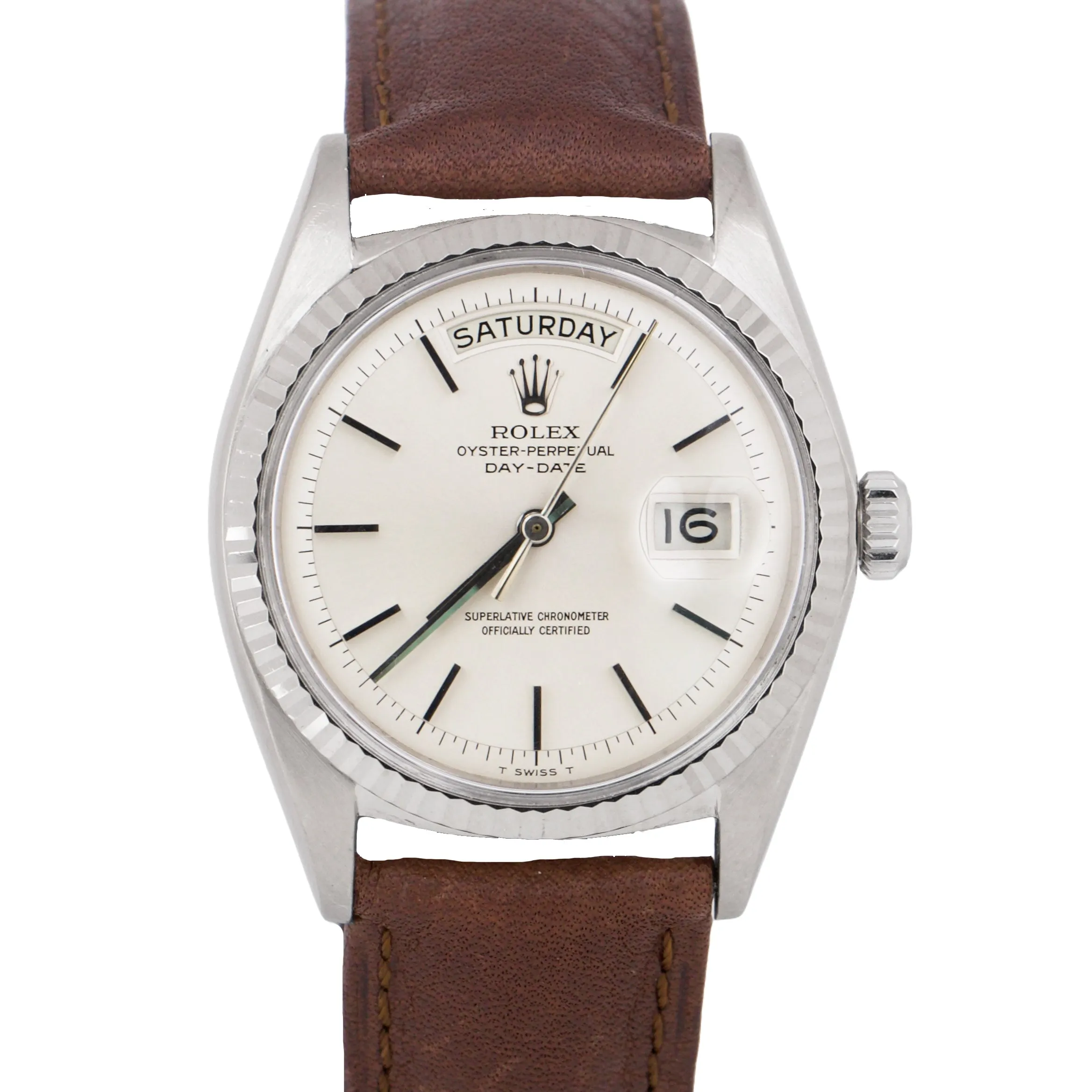 VINTAGE 1967 Rolex Day-Date SILVER 18K White Gold Fluted Leather 36mm Watch 1803