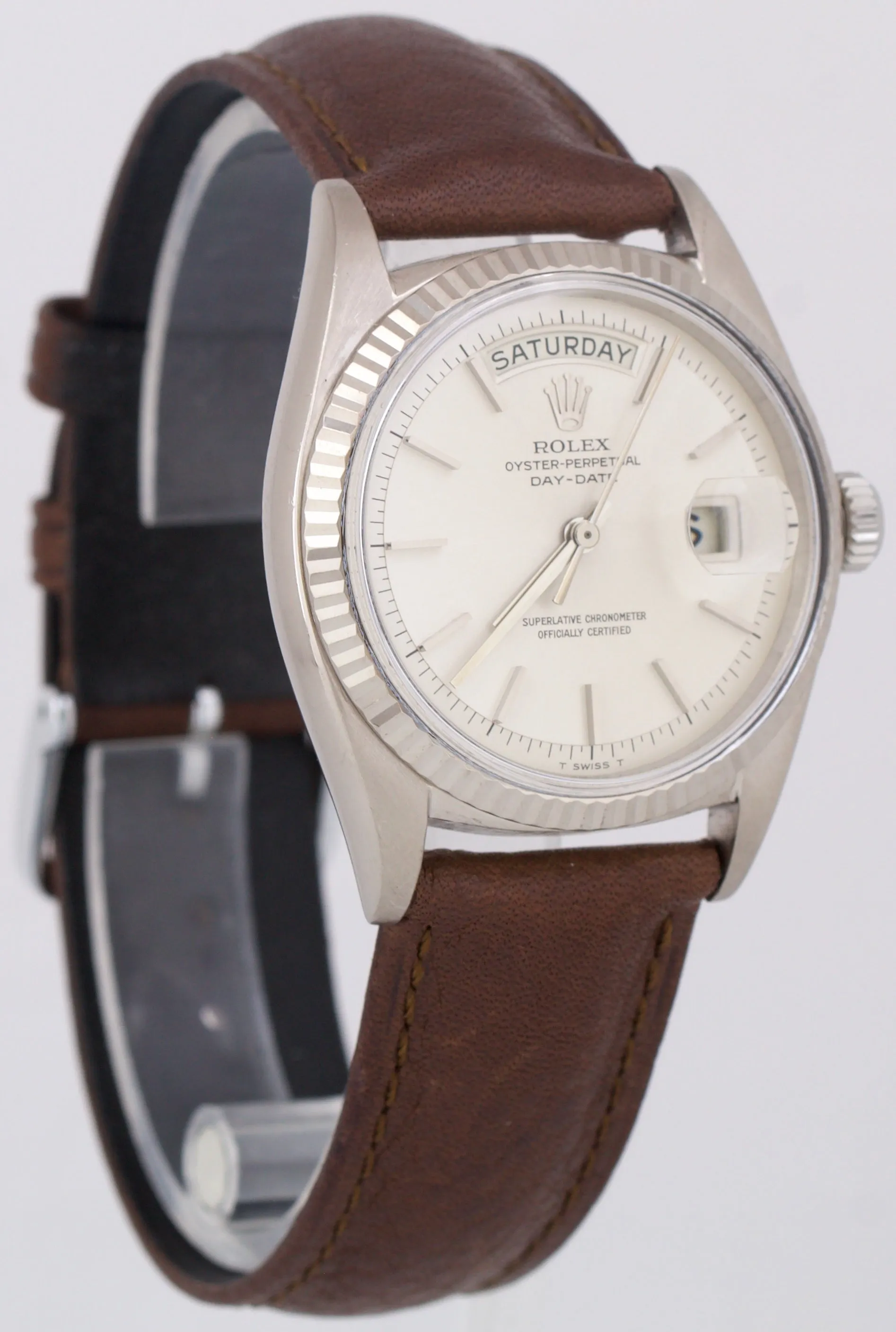 VINTAGE 1967 Rolex Day-Date SILVER 18K White Gold Fluted Leather 36mm Watch 1803