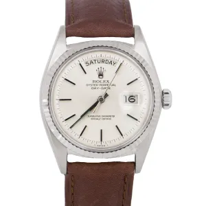 VINTAGE 1967 Rolex Day-Date SILVER 18K White Gold Fluted Leather 36mm Watch 1803