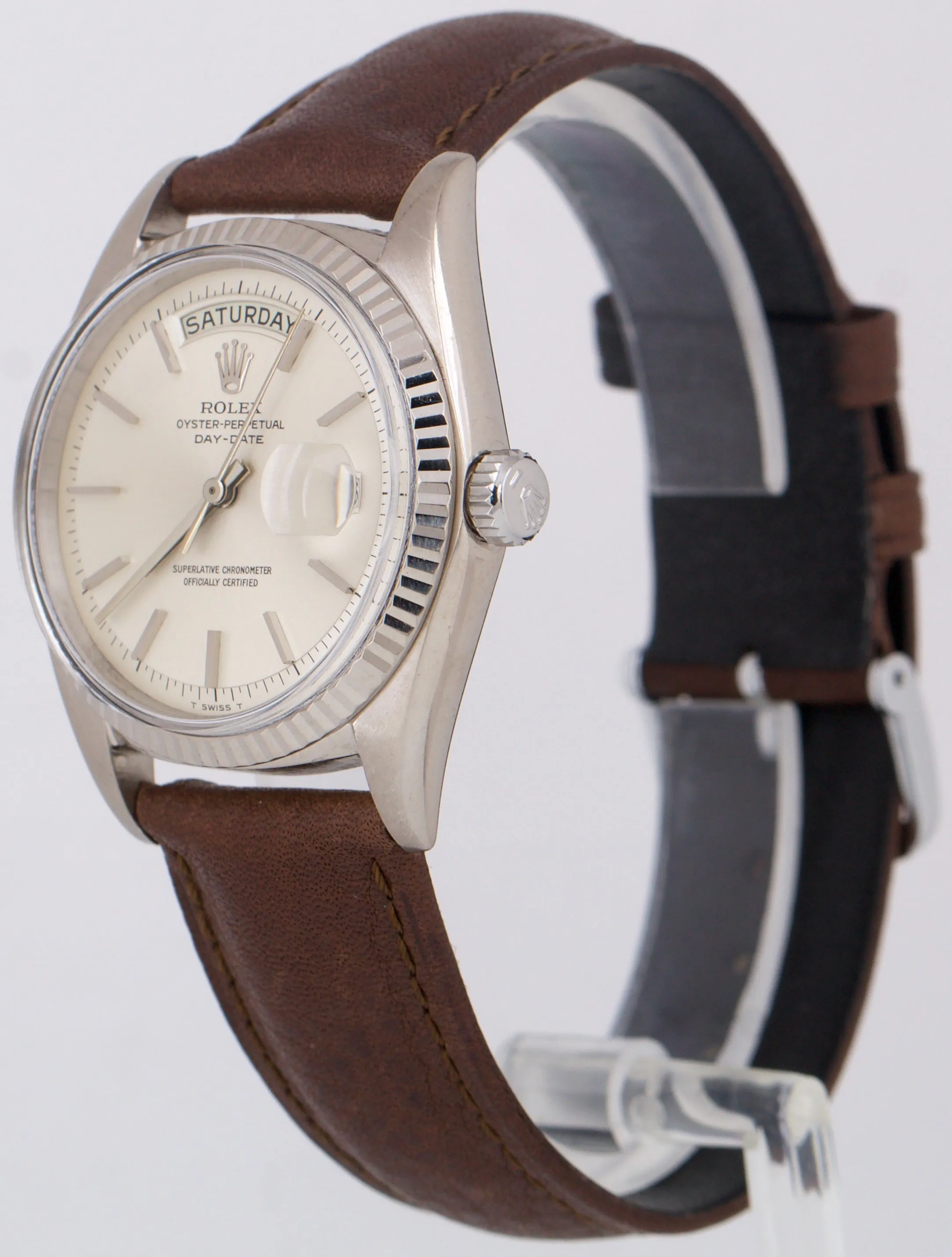 VINTAGE 1967 Rolex Day-Date SILVER 18K White Gold Fluted Leather 36mm Watch 1803