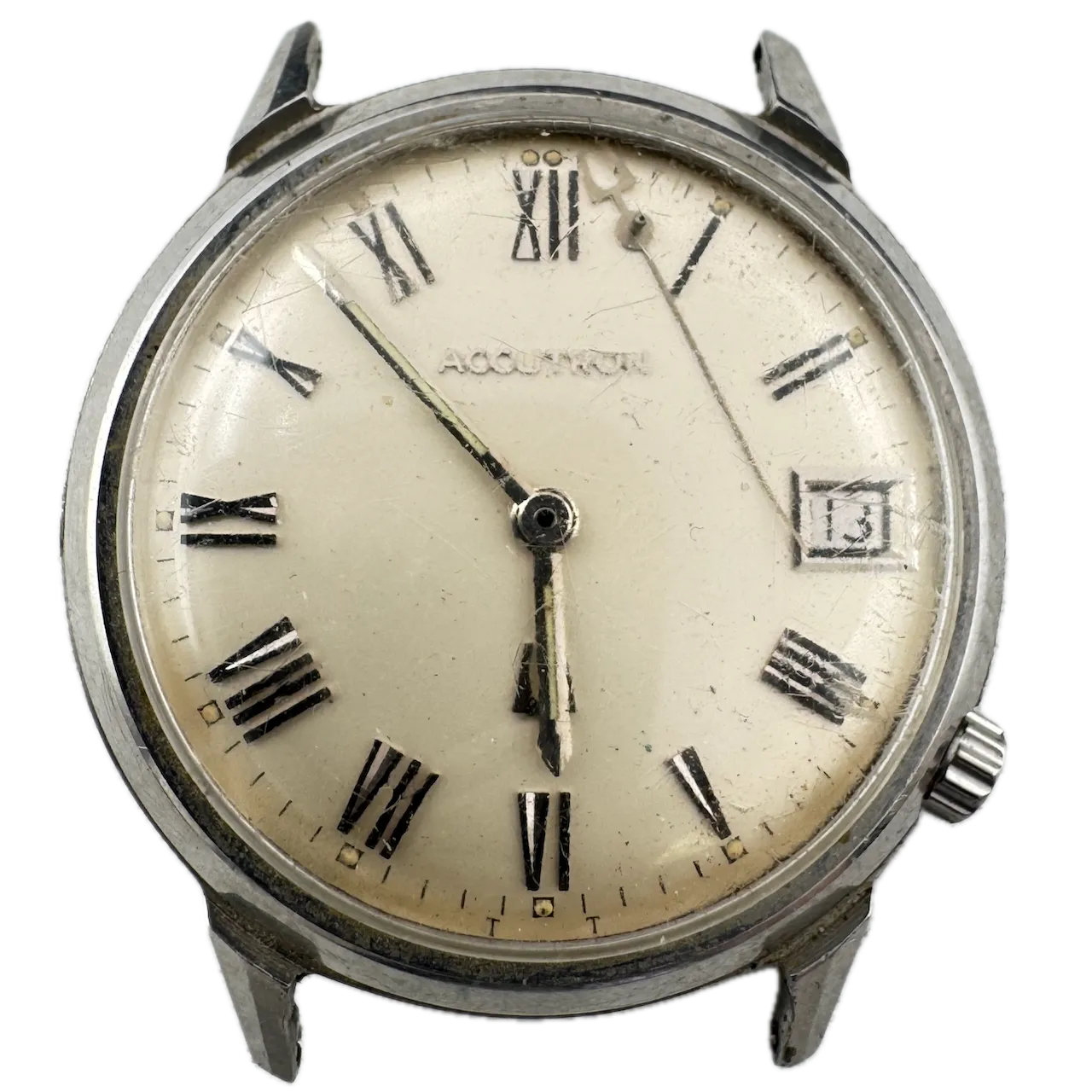 Vintage 1970 Accutron Roman Date Men's Tuning Fork Wristwatch 218 USA Steel