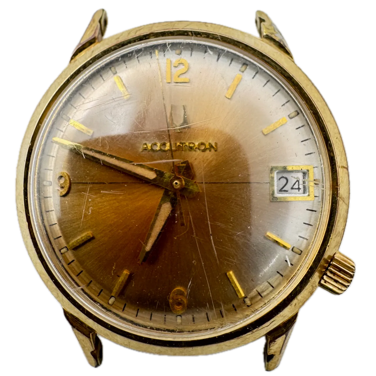 Vintage 1976 Accutron Copper Sunburst Date Men's Tuning Fork Wristwatch 218 USA