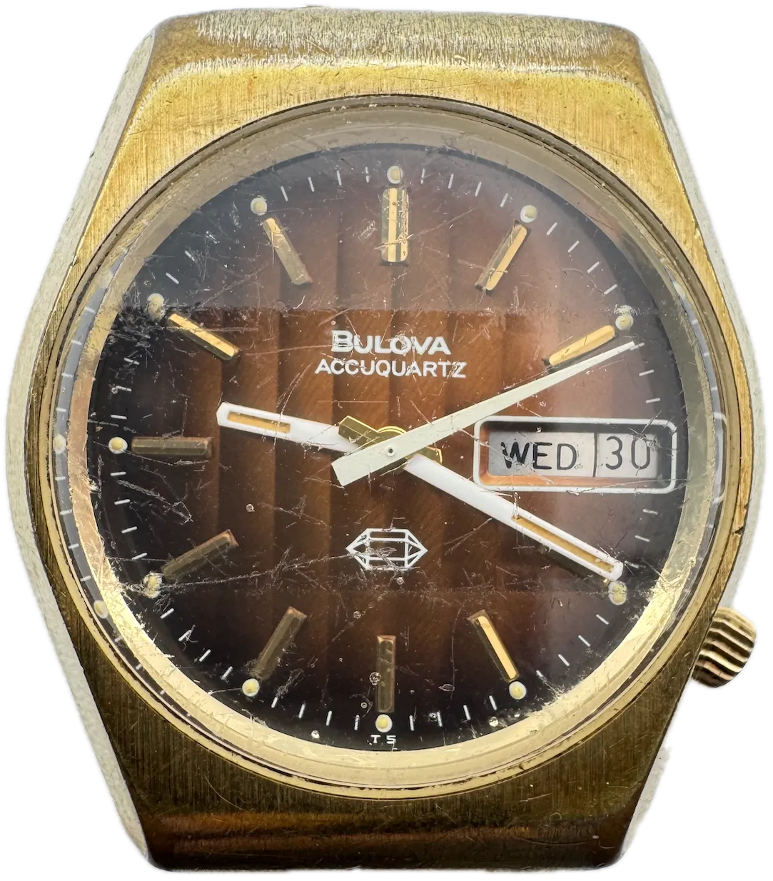 Vintage 1976 Bulova Faceted Orange Day Date Men's Tuning Fork Wristwatch 224 2