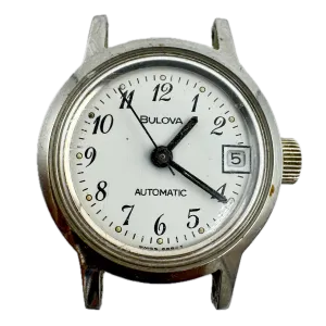 Vintage 22mm Bulova Q510 White Dial Date Ladies Automatic Wristwatch 2671 Steel