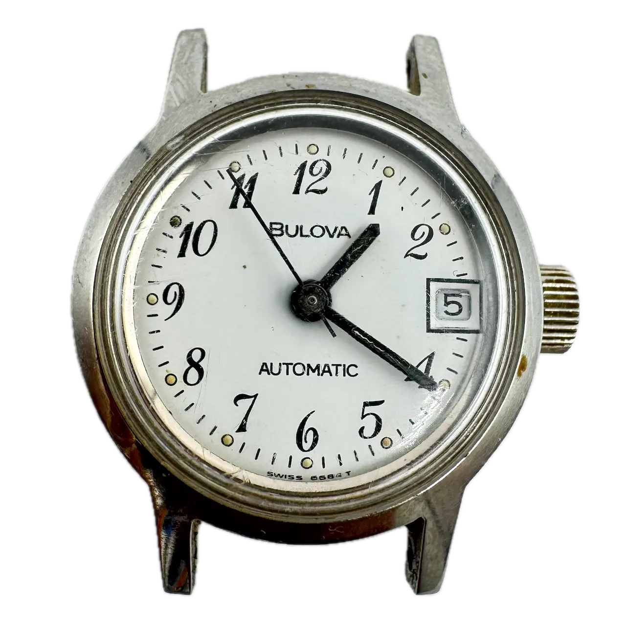 Vintage 22mm Bulova Q510 White Dial Date Ladies Automatic Wristwatch 2671 Steel