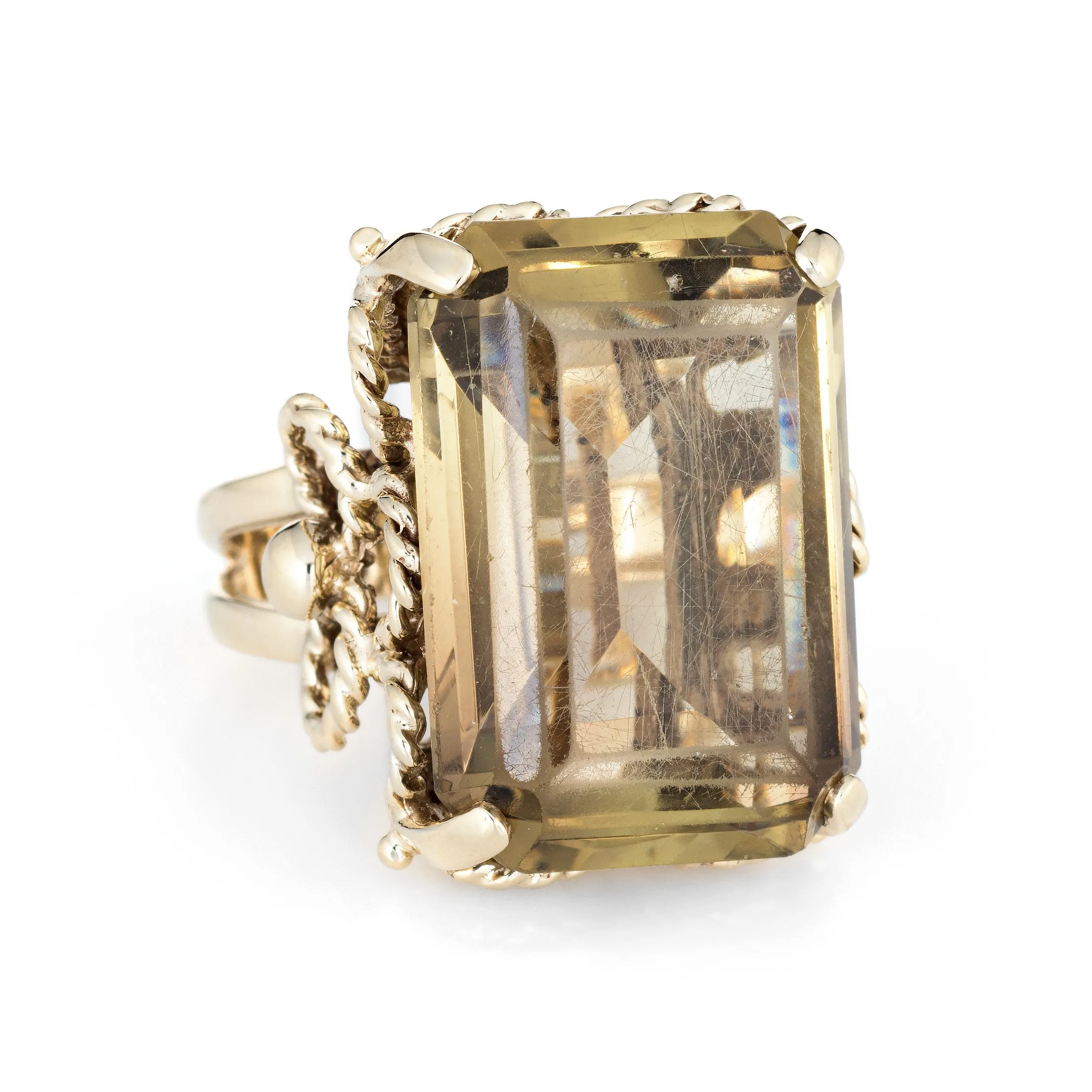 Vintage 27ct Yellow Quartz Ring 14k Yellow Gold Large Emerald Cut Estate Jewelry