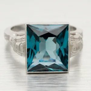 Vintage 4.5ct Blue Quartz Solitaire Cocktail Ring - 14k White Gold - Size 6