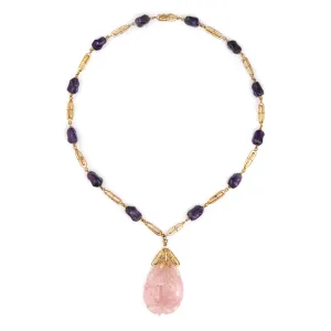 Vintage 70s Necklace Amethyst Rose Quartz 14k Gold 25" Long Strand Nugget Links