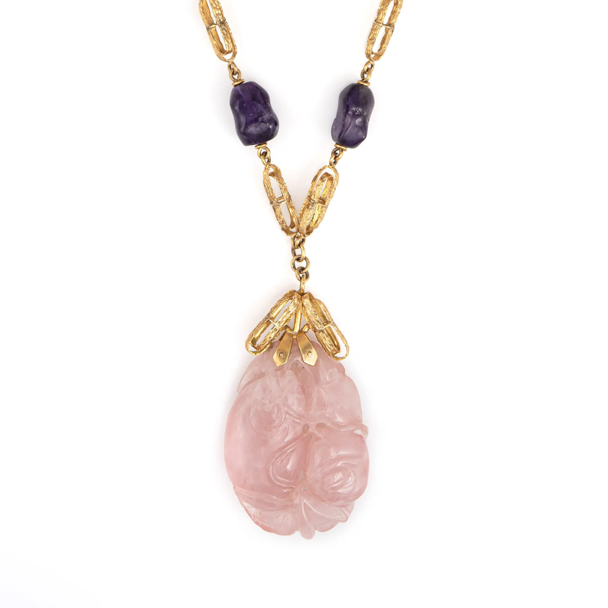 Vintage 70s Necklace Amethyst Rose Quartz 14k Gold 25" Long Strand Nugget Links