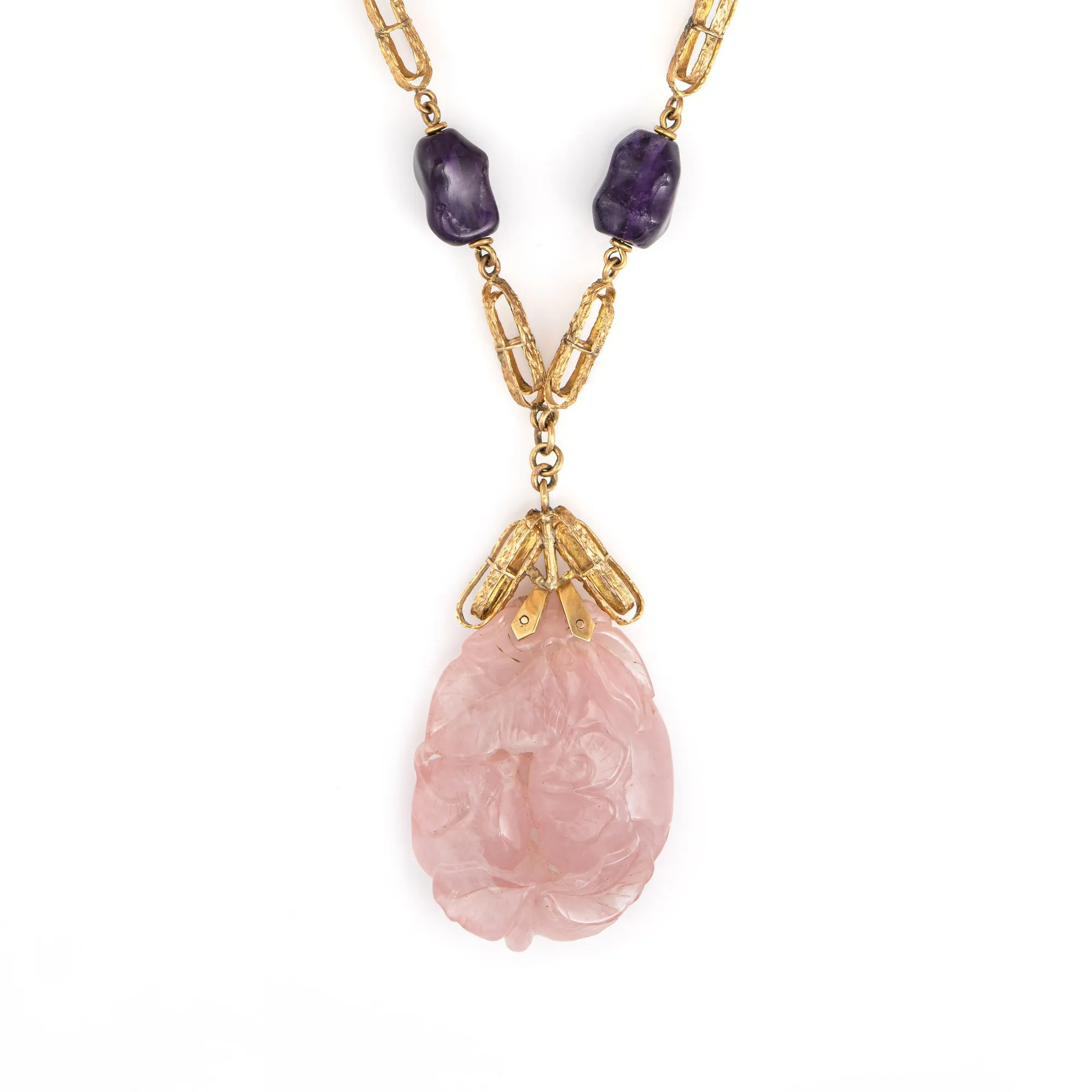 Vintage 70s Necklace Amethyst Rose Quartz 14k Gold 25" Long Strand Nugget Links