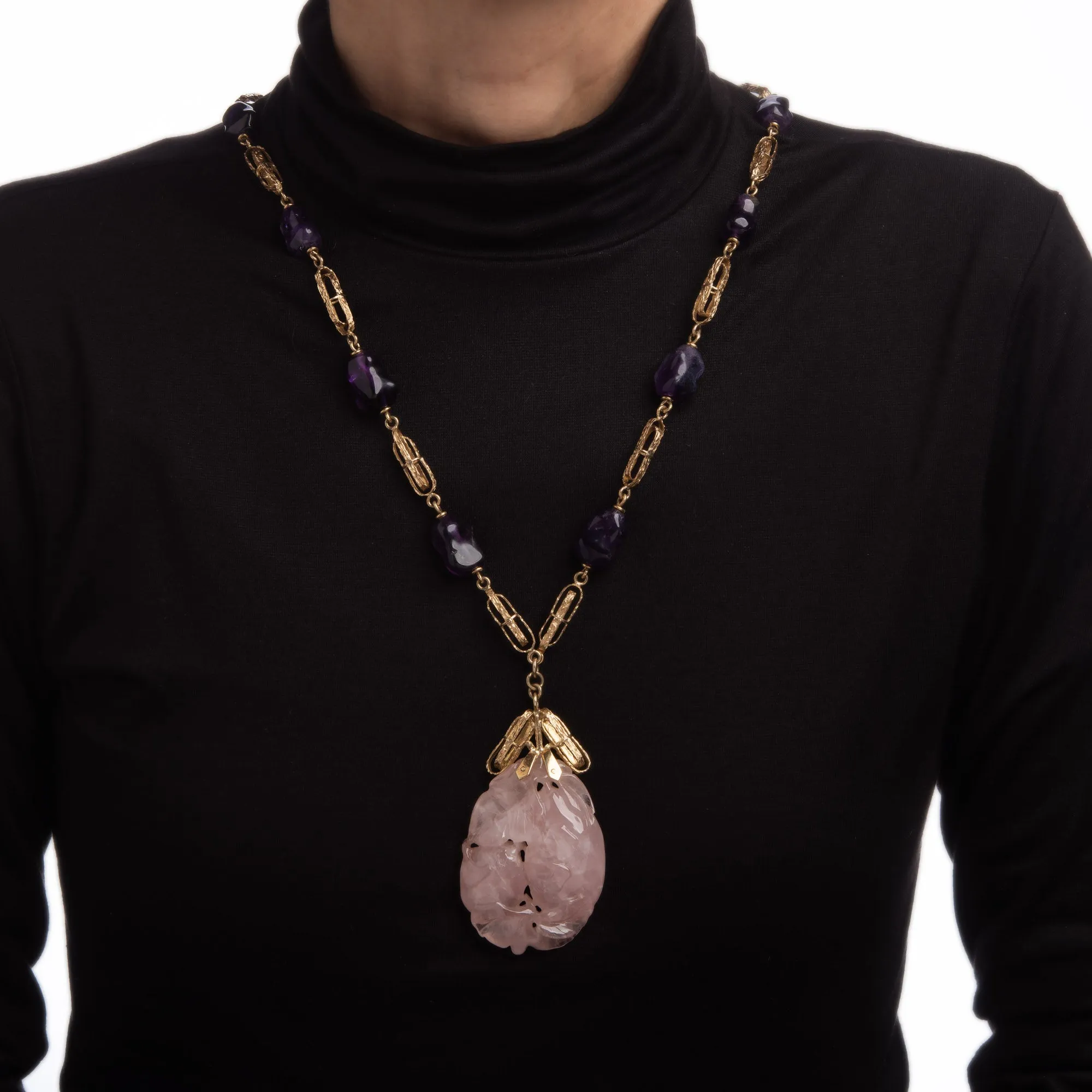 Vintage 70s Necklace Amethyst Rose Quartz 14k Gold 25" Long Strand Nugget Links