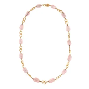 Vintage 70s Rose Quartz Bead Necklace 14k Gold 26.5" Long Strand Round Links