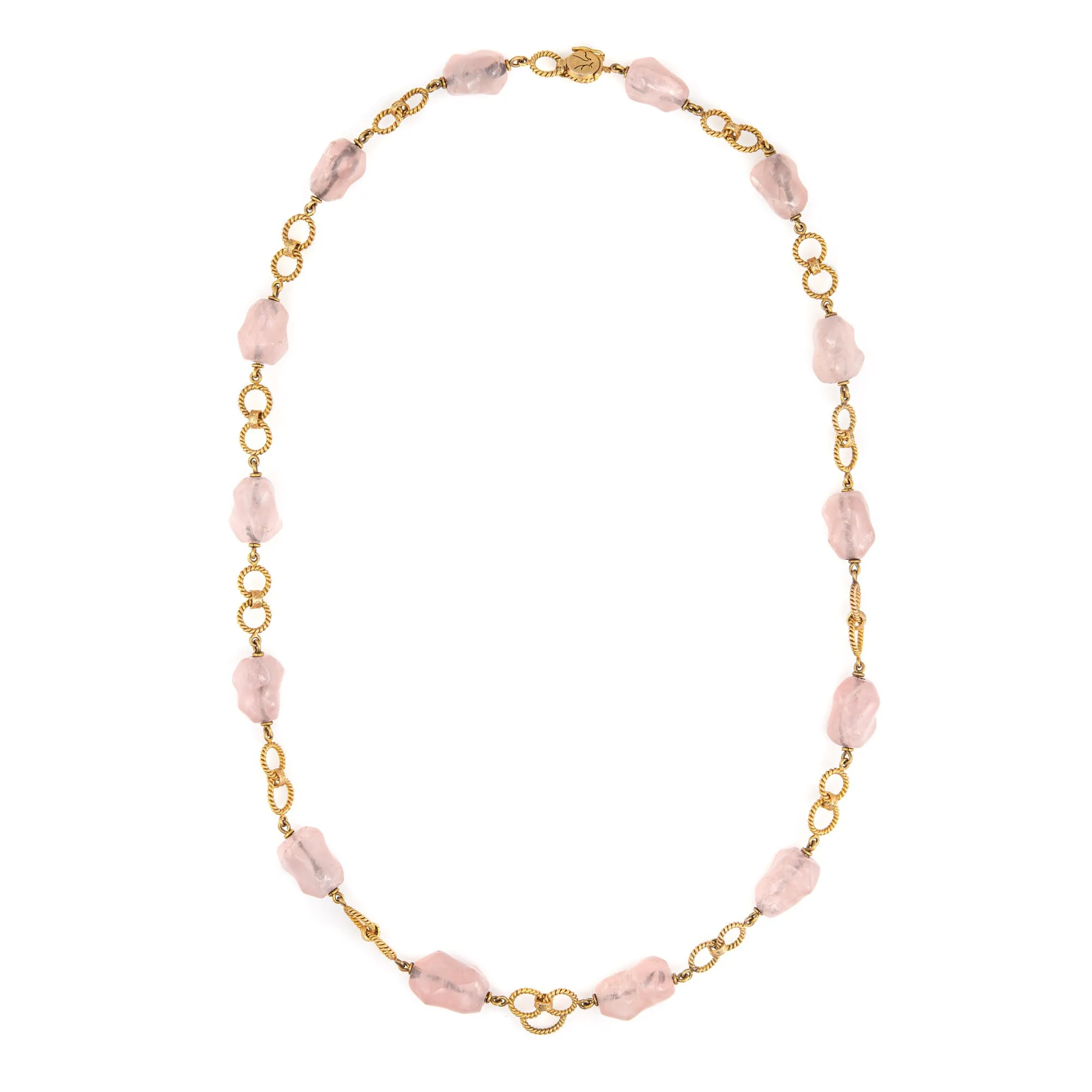 Vintage 70s Rose Quartz Bead Necklace 14k Gold 26.5" Long Strand Round Links